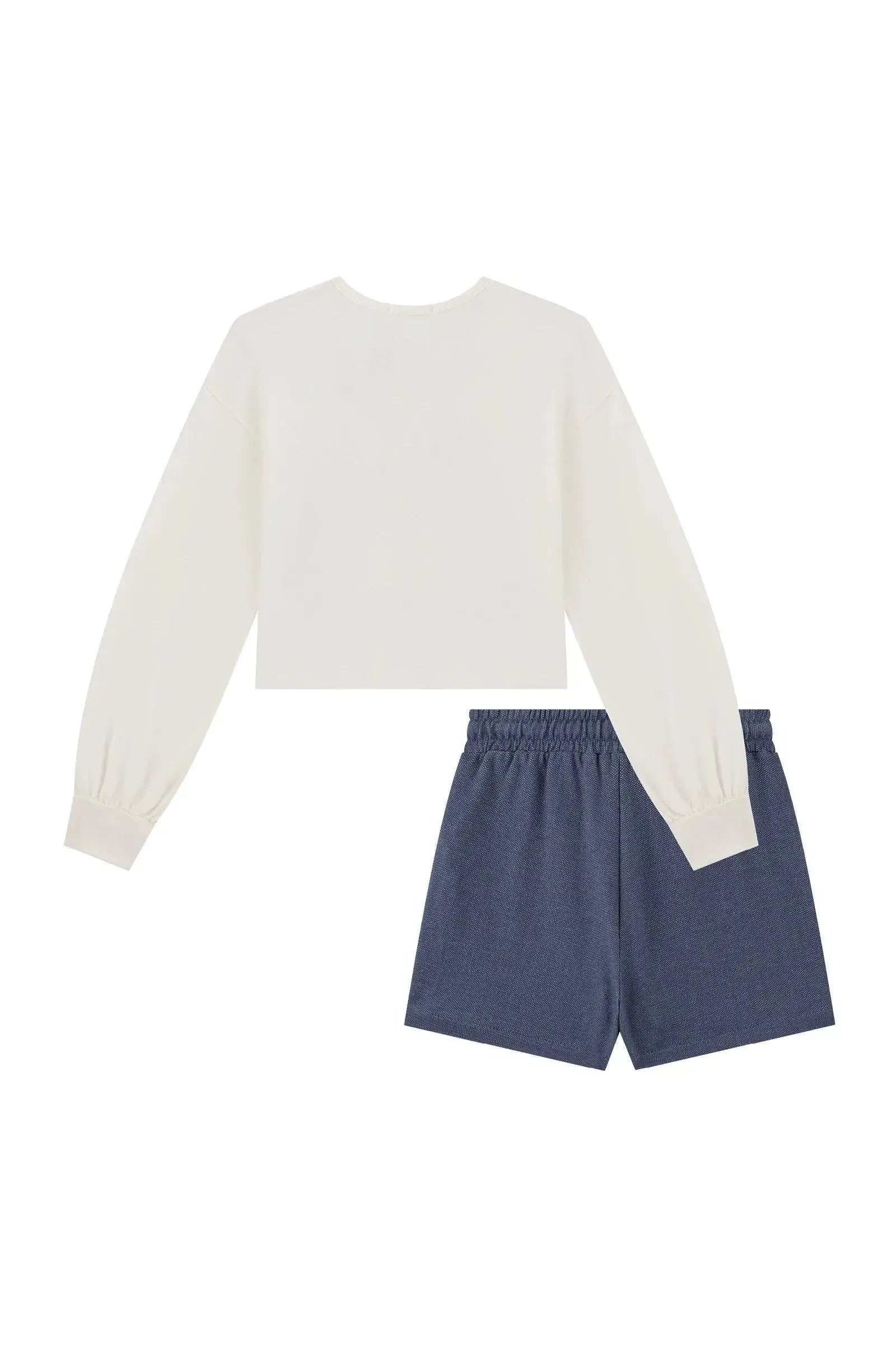 Conjunto de Blusa Boxy em Meia Malha e Short Saia em Malha Denin 90679 Kukiê Infantil Menina