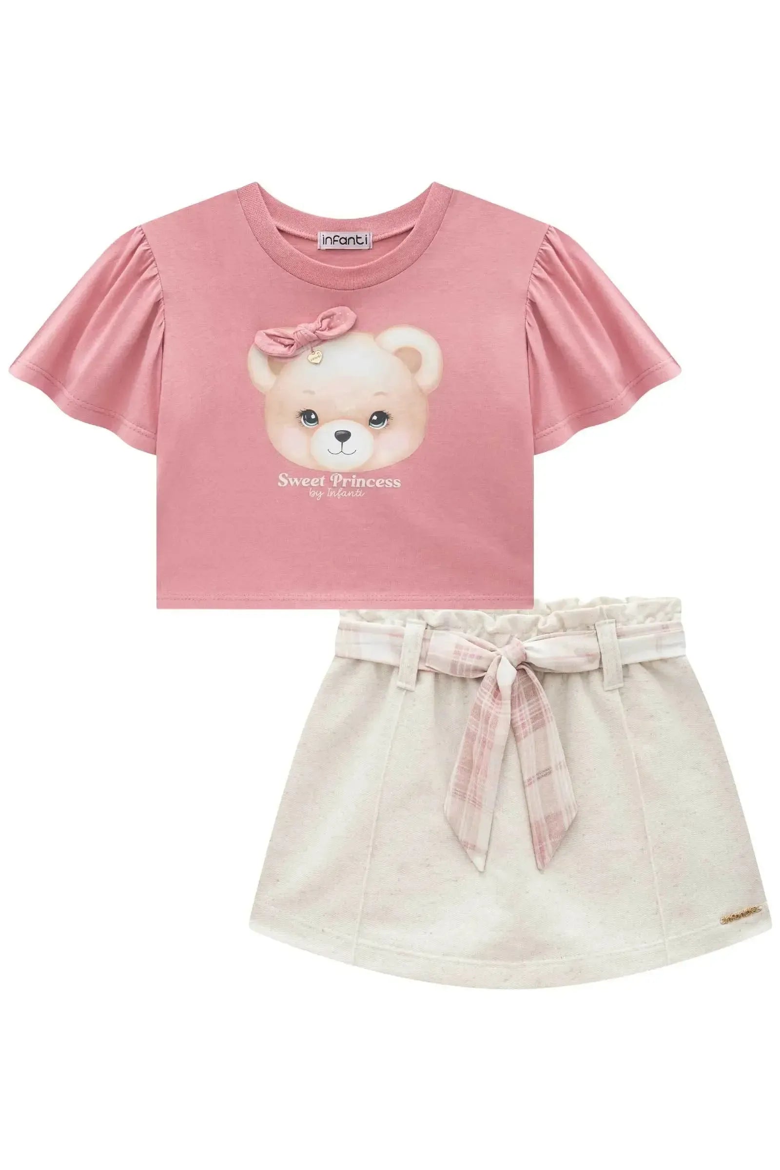 Conjunto de Blusa Boxy em Meia Malha e Short Saia em Moletom Linho sem Pelúcia 93242 Infanti Infantil Menina