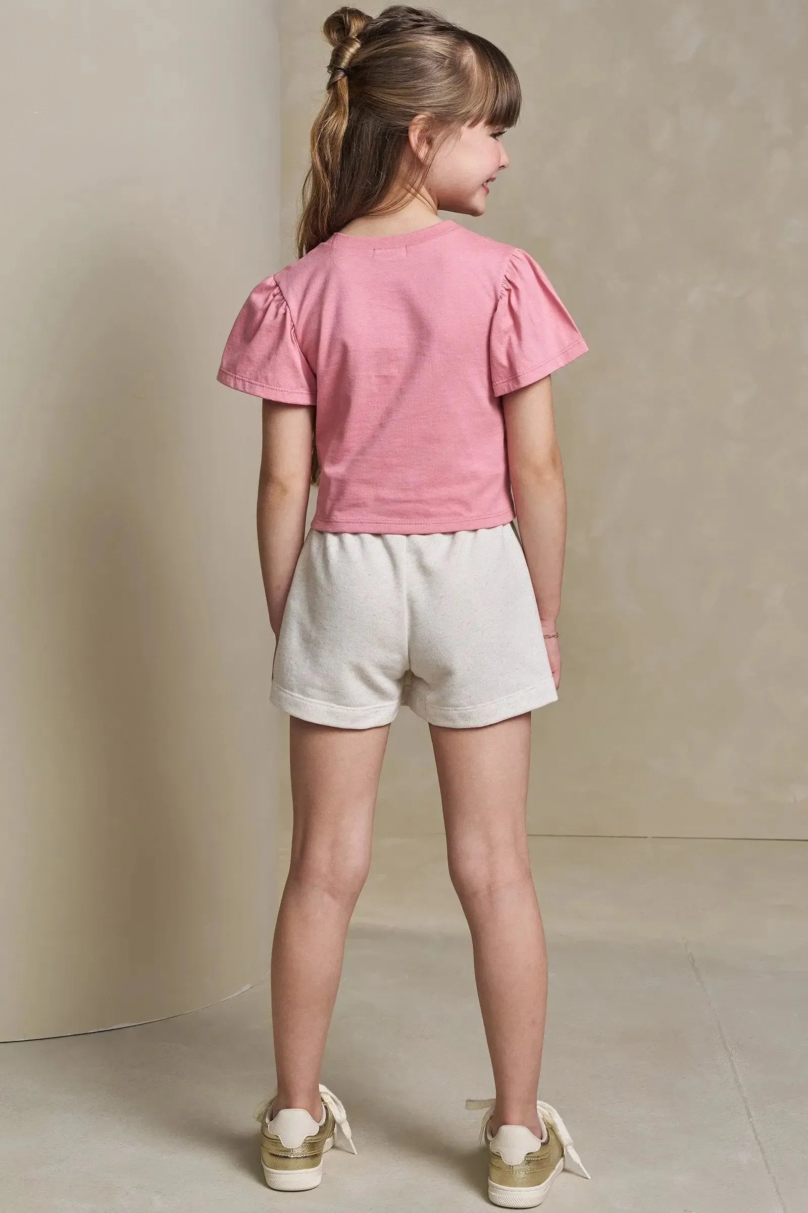 Conjunto de Blusa Boxy em Meia Malha e Short Saia em Moletom Linho sem Pelúcia 93242 Infanti Infantil Menina