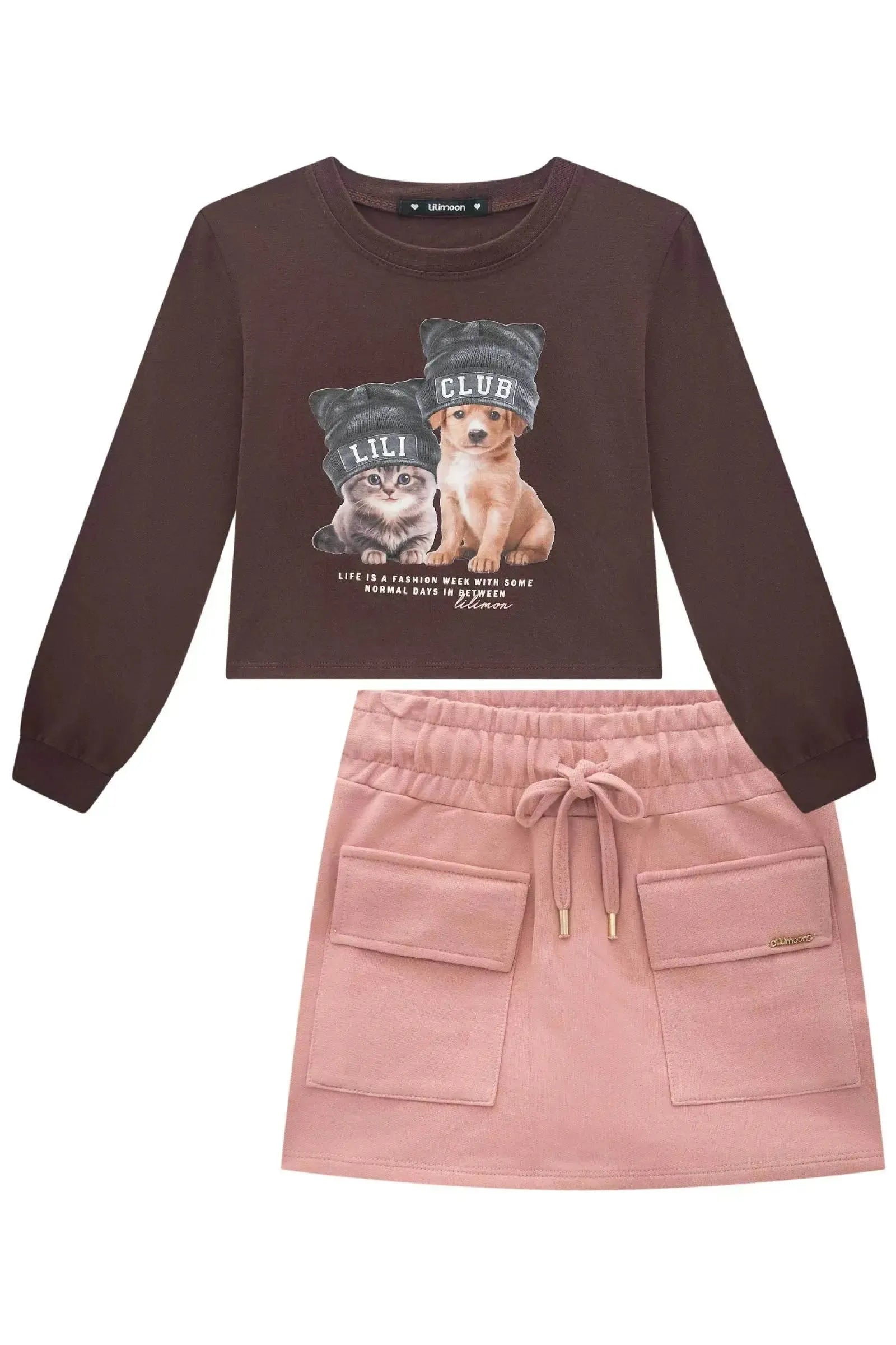 Conjunto de Blusa Boxy em Meia Malha e Short Saia em Moletom sem Pelúcia 91792 Lilimoon Teen Menina