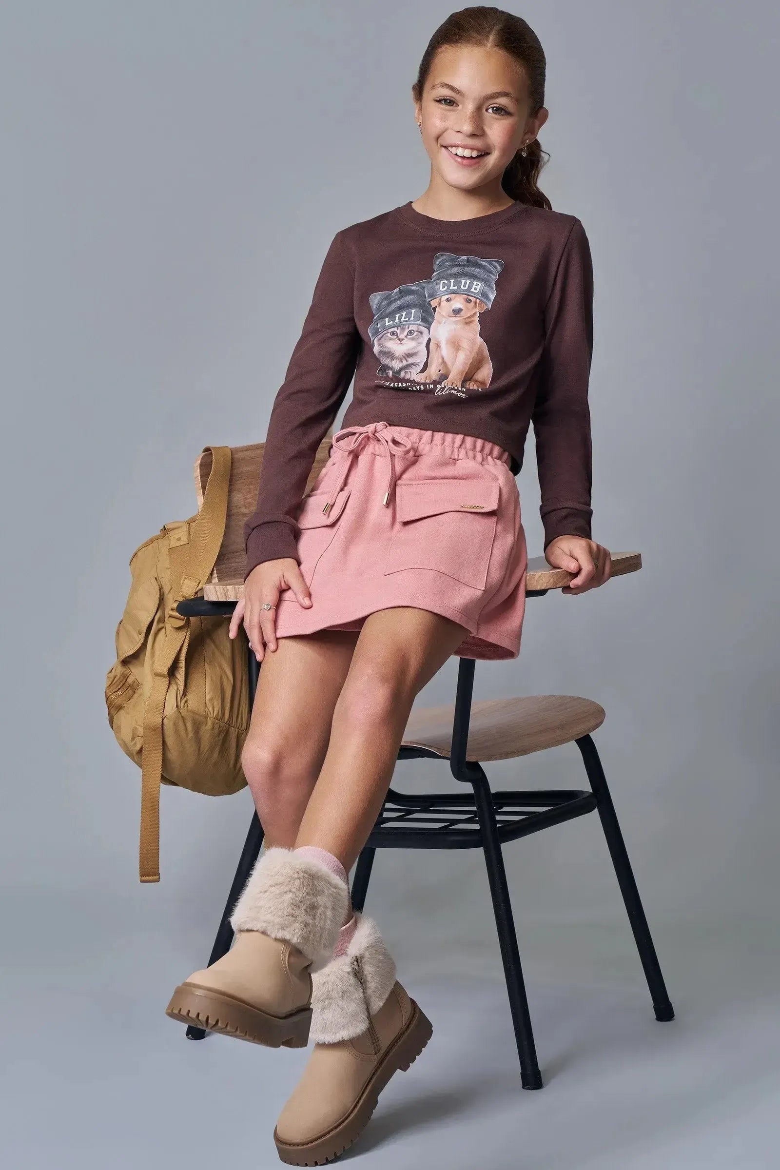 Conjunto de Blusa Boxy em Meia Malha e Short Saia em Moletom sem Pelúcia 91792 Lilimoon Teen Menina