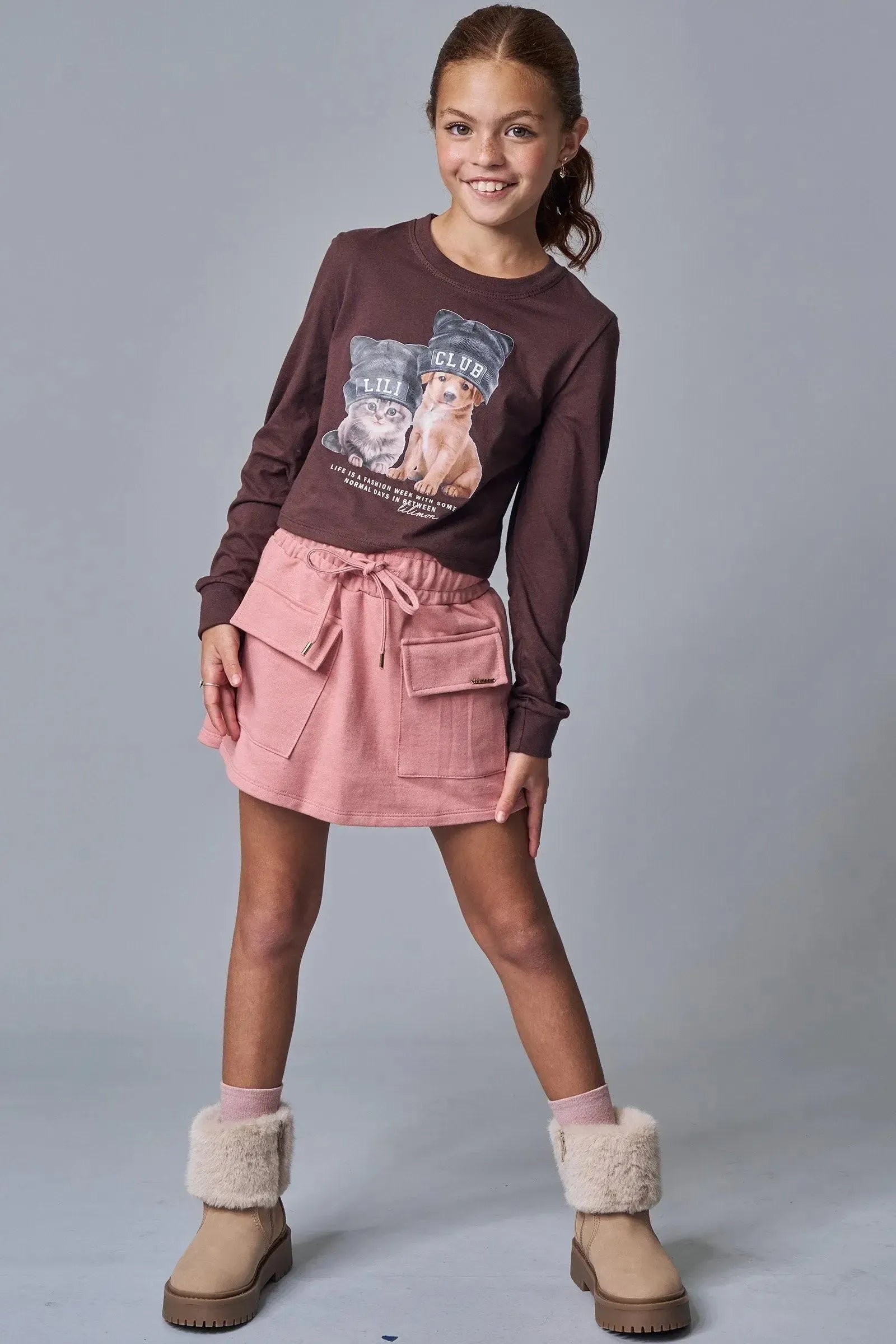 Conjunto de Blusa Boxy em Meia Malha e Short Saia em Moletom sem Pelúcia 91792 Lilimoon Teen Menina