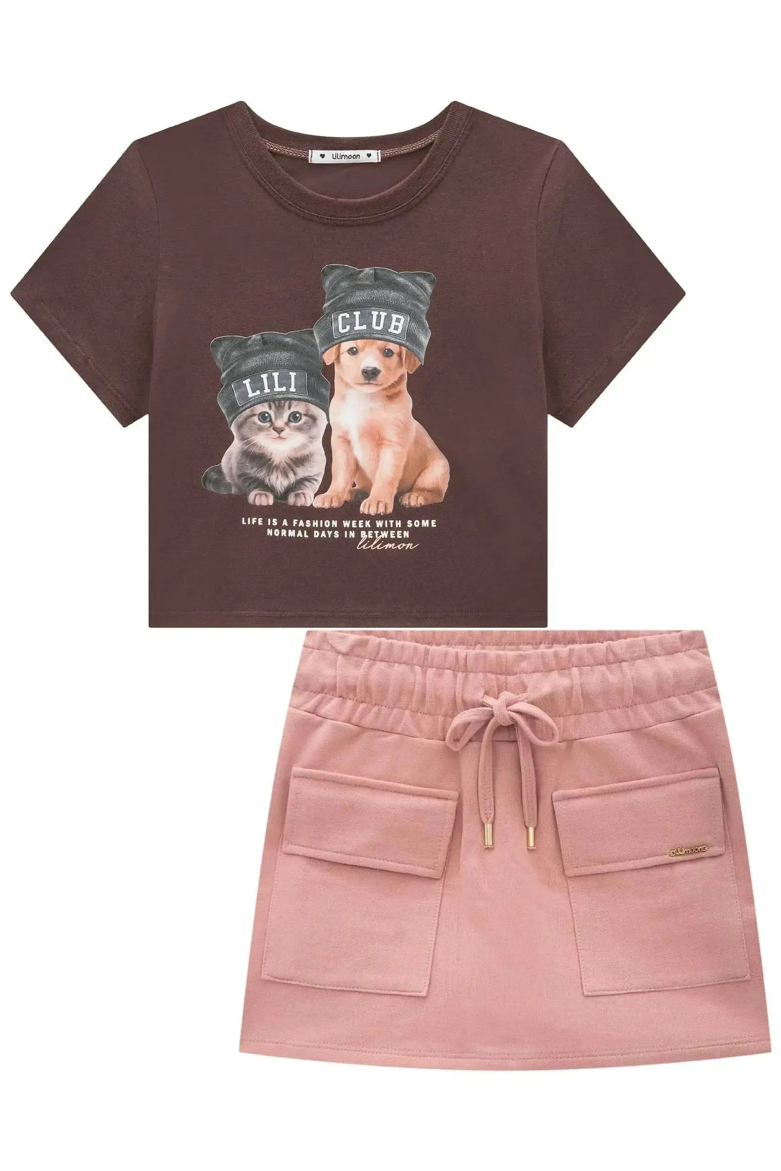 Conjunto de Blusa Boxy em Meia Malha e Short Saia em Moletom sem Pelúcia 93287 Lilimoon Teen Menina