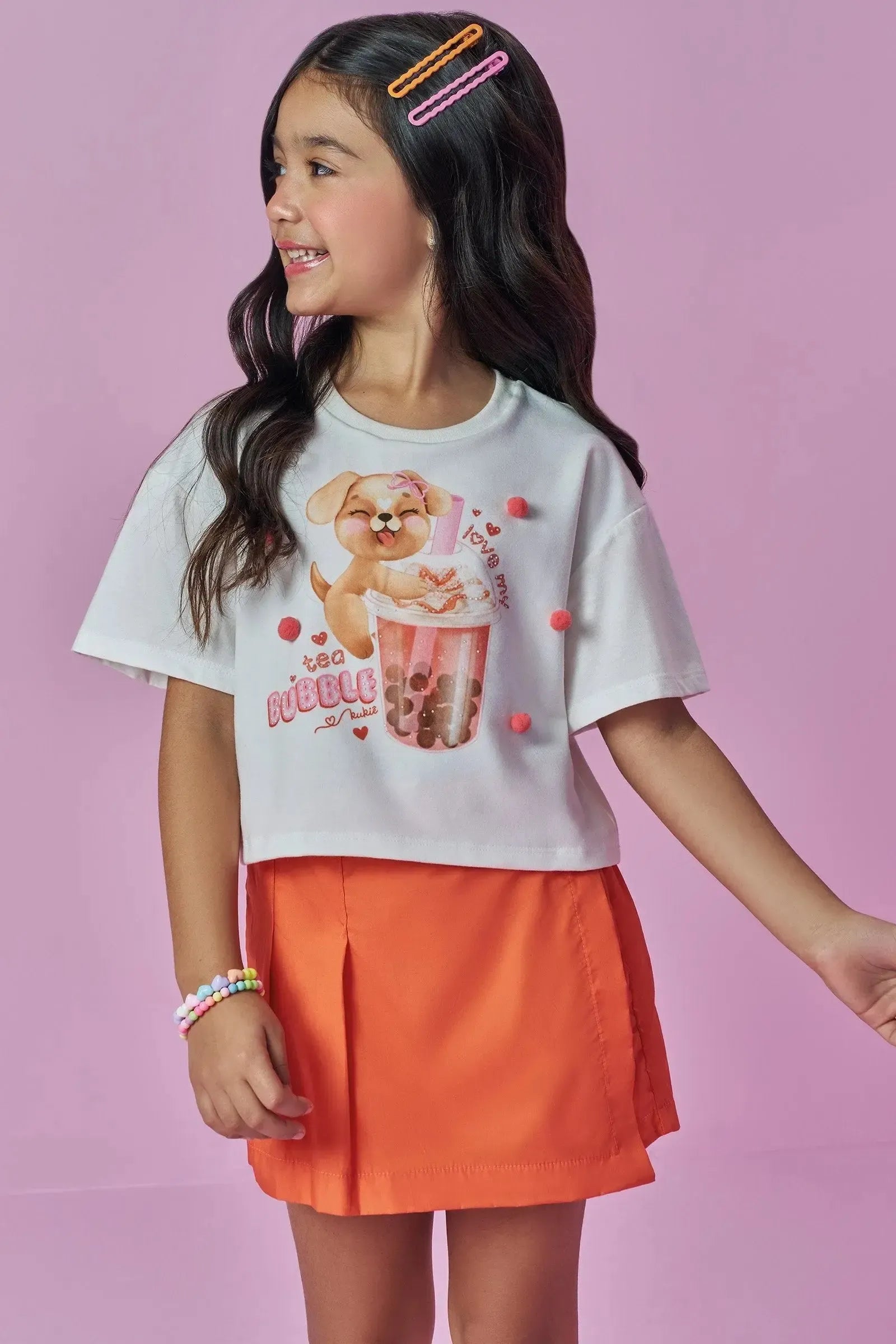 Conjunto de Blusa Boxy em Meia Malha e Short Saia em Tricoline de Algodão 93672 Kukiê Infantil Menina