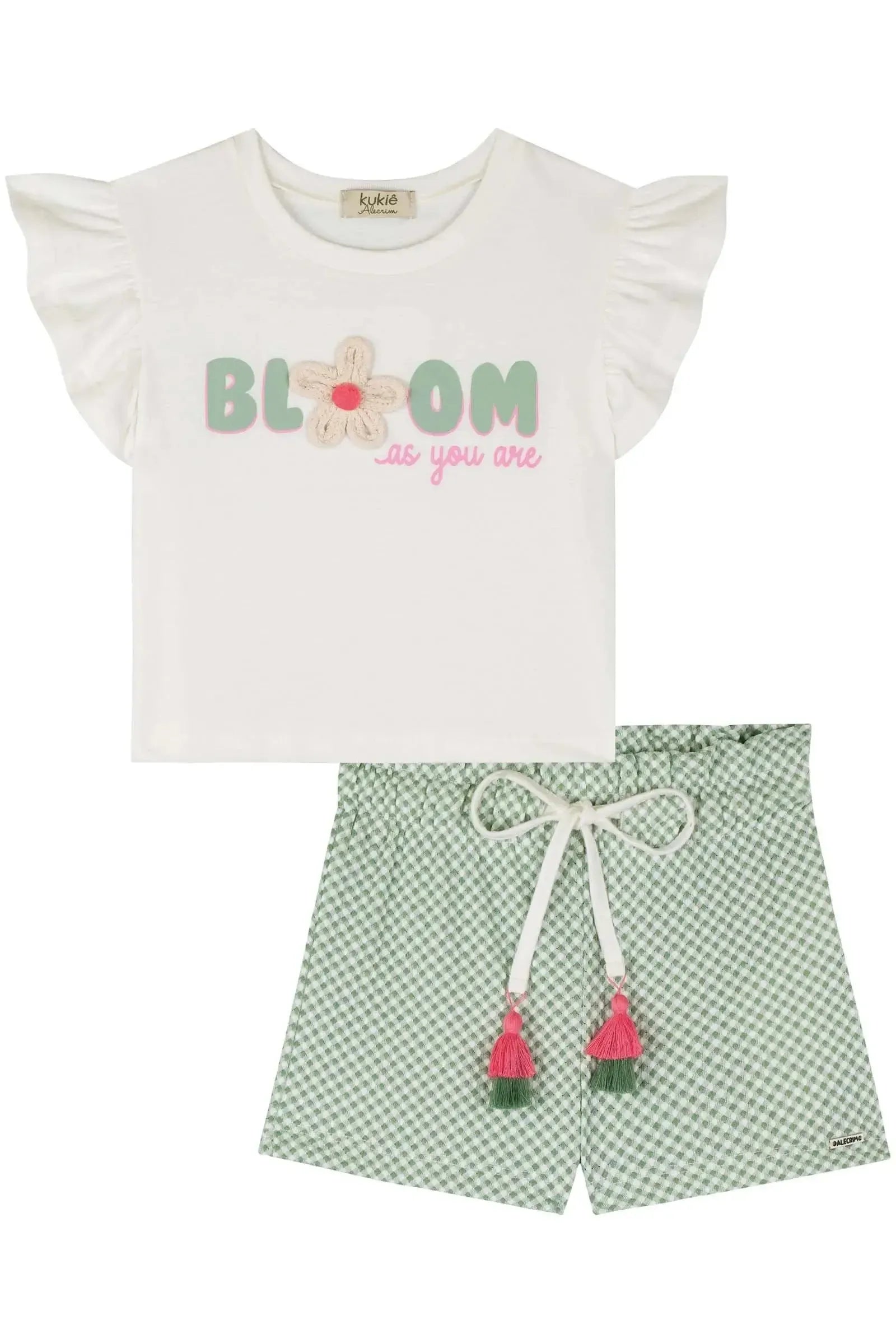 Conjunto de Blusa Boxy em Meia Malha e Shorts em Malha Vichy Textura 84761 Kukiê Infantil Menina
