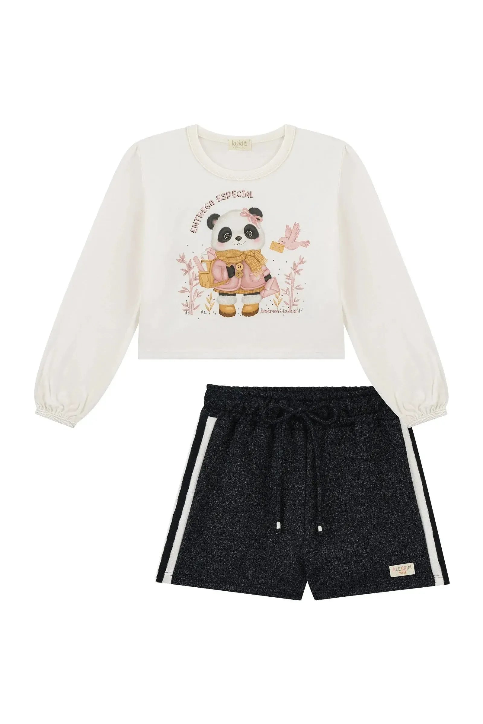 Conjunto de Blusa Boxy em Meia Malha e Shorts em Moletom Rajado sem Pelúcia 89535 Kukiê Infantil Menina