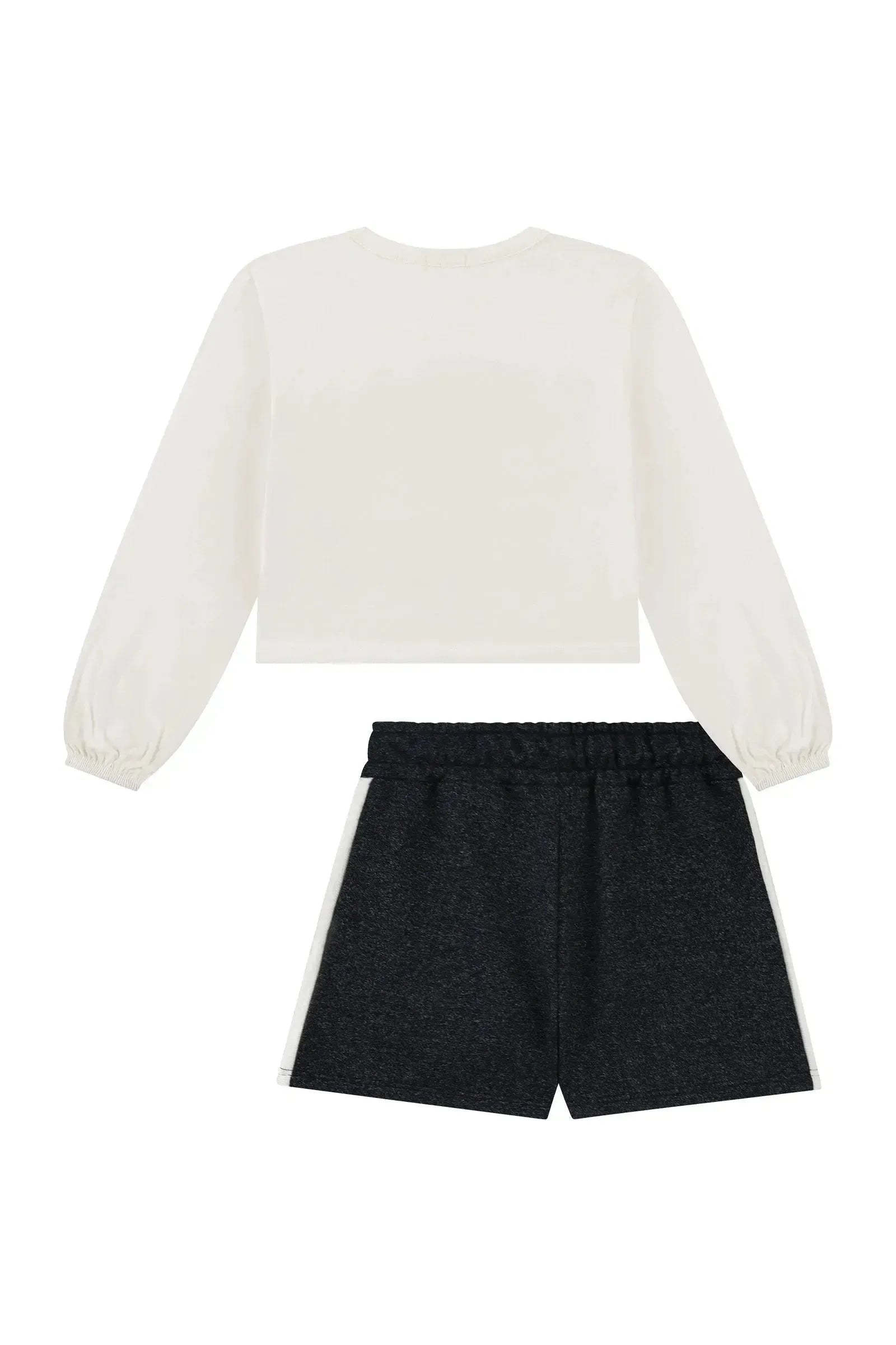 Conjunto de Blusa Boxy em Meia Malha e Shorts em Moletom Rajado sem Pelúcia 89535 Kukiê Infantil Menina