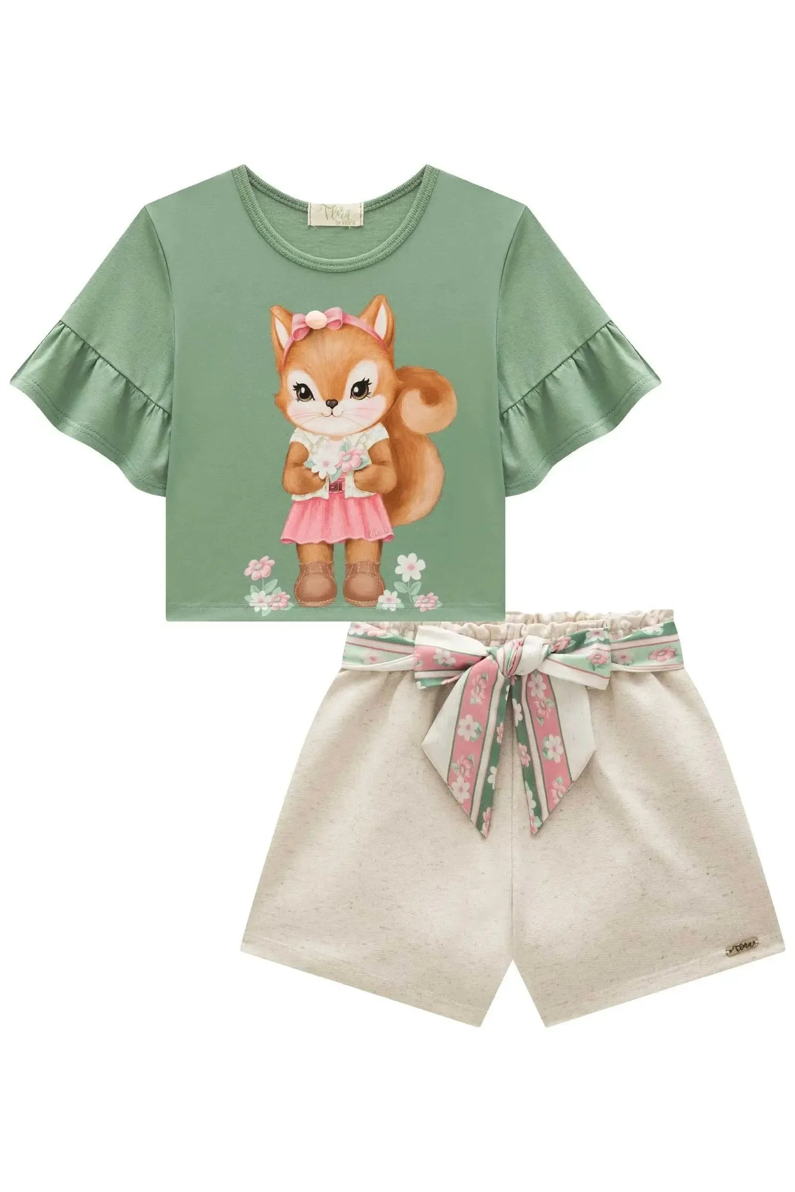 Conjunto de Blusa Boxy em Meia Malha e Shorts em Moletom sem Pelúcia 93323 Infanti Infantil Menina