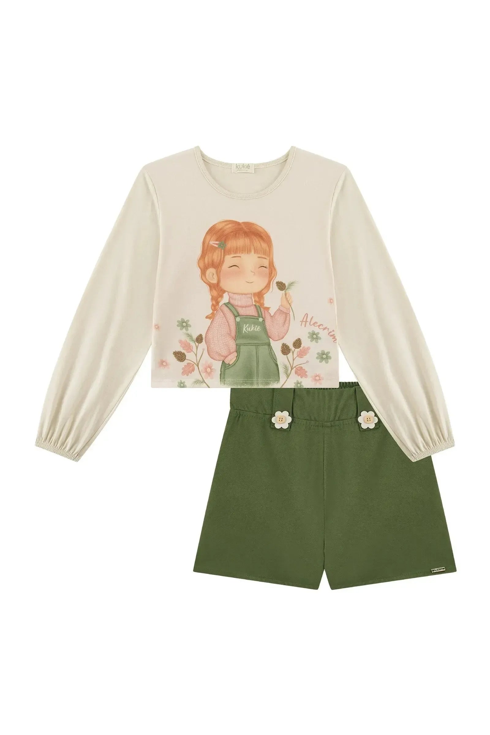 Conjunto de Blusa Boxy em Meia Malha e Shorts em Tecido de Viscose Sarjado 92458 Kukiê Infantil Menina