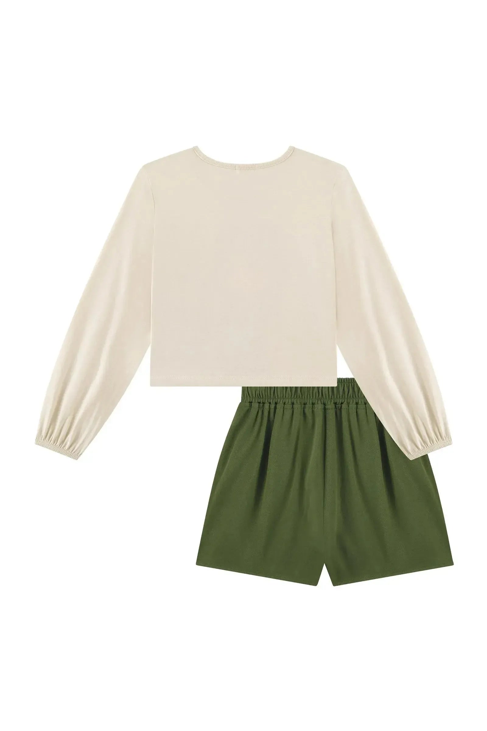 Conjunto de Blusa Boxy em Meia Malha e Shorts em Tecido de Viscose Sarjado 92458 Kukiê Infantil Menina
