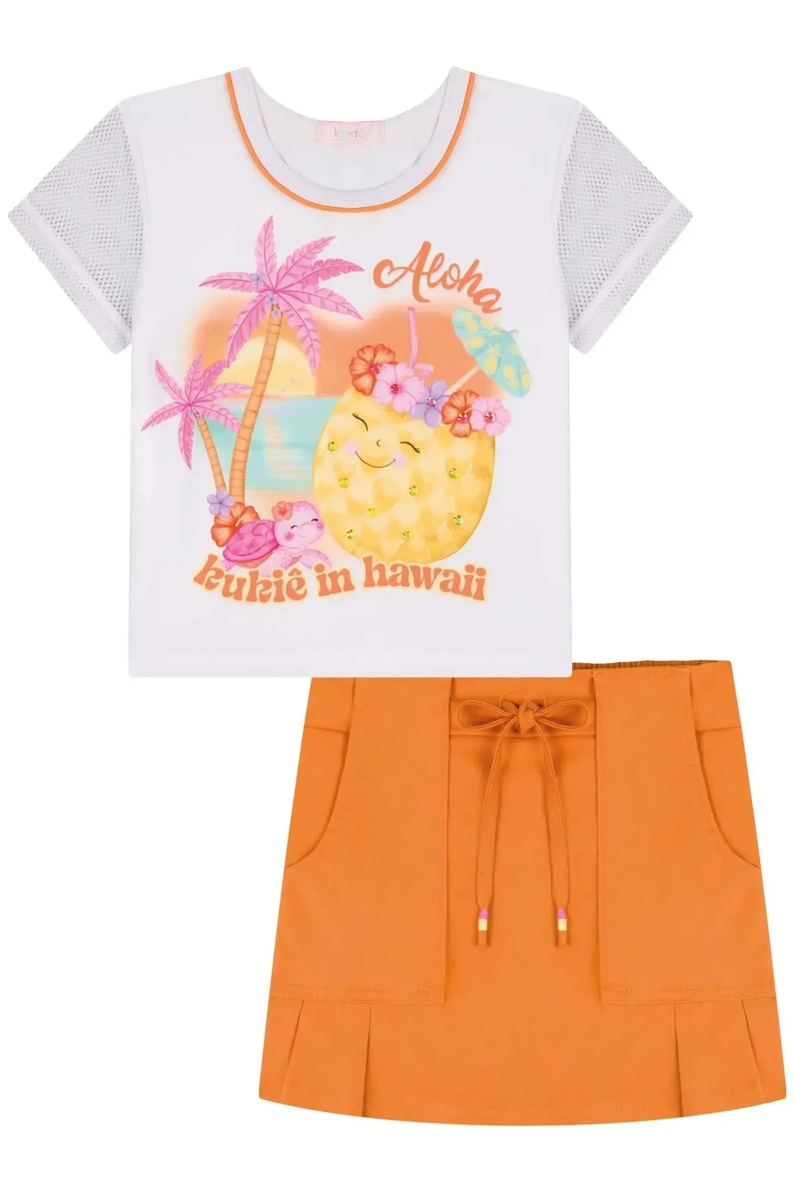 Conjunto de Blusa Boxy em Meia Malha e Tela Fashion e Short Saia em Sarja com Elastano 83948 Kukiê Infantil Menina
