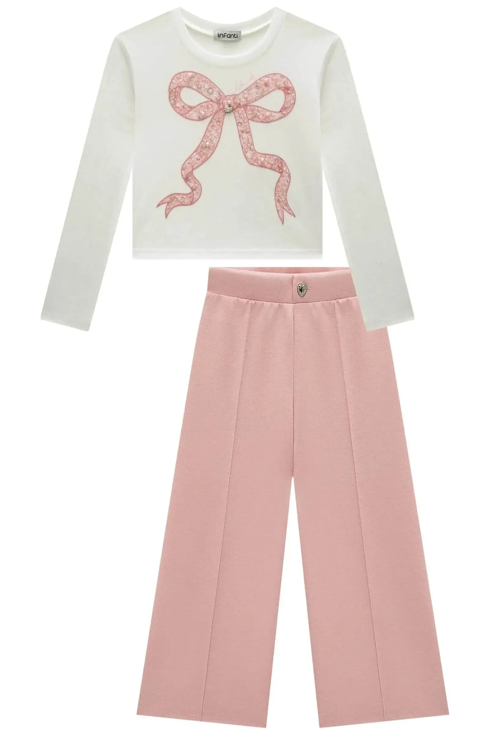Conjunto de Blusa Boxy em Molecotton e Calça Wide Leg em Malha Tecnonew 92498 Infanti Infantil Menina