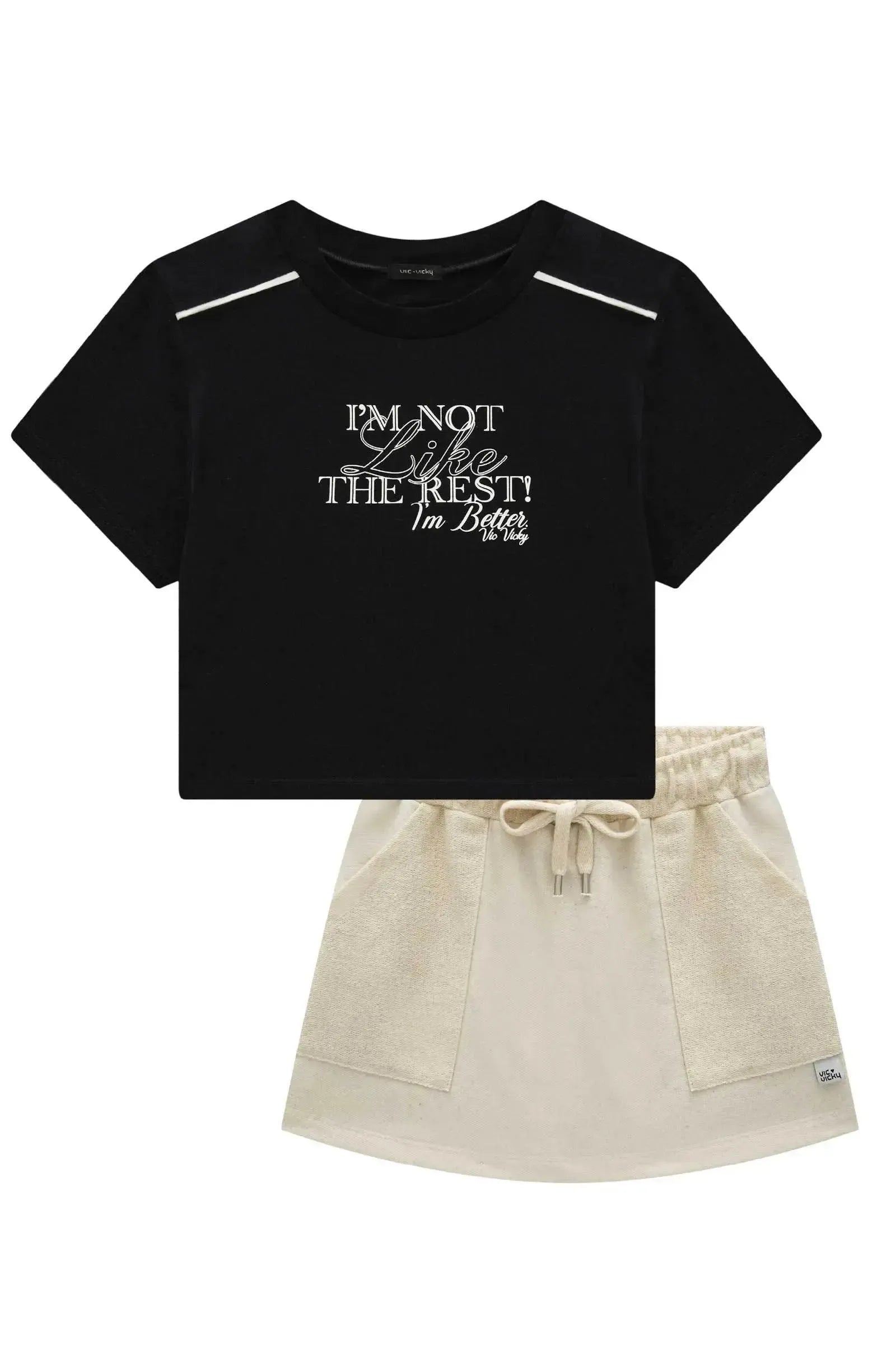 Conjunto de Blusa Boxy Over em Meia Malha e Short Saia em Moletom sem Pelúcia 86729 Vic&Vicky Teen Menina