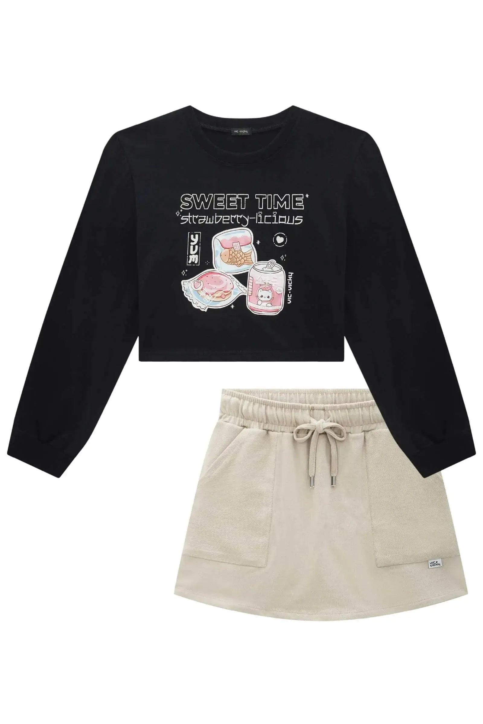 Conjunto de Blusa Boxy Over em Meia Malha e Short Saia em Moletwill 92178 Vic&Vicky Teen Menina