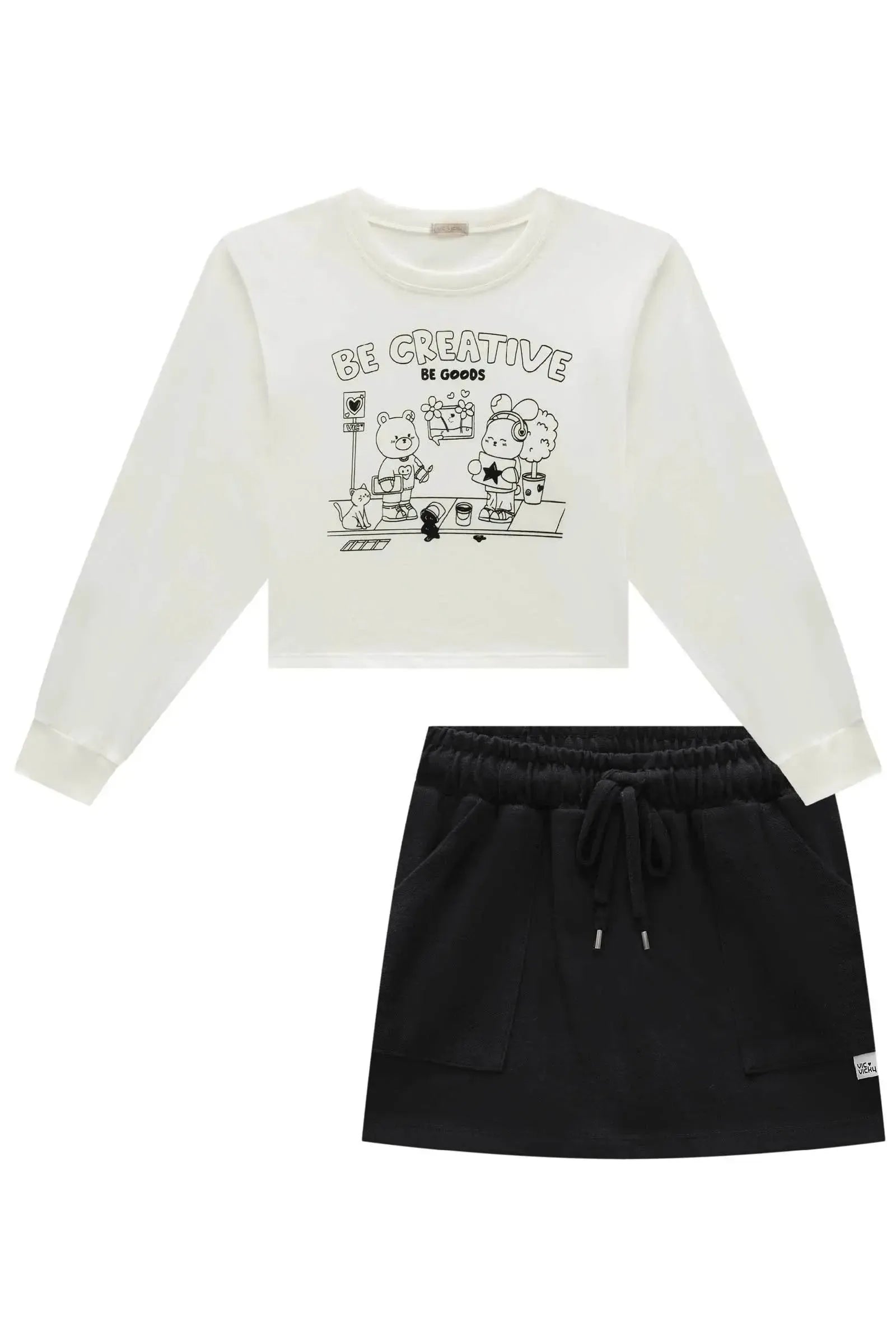 Conjunto de Blusa Boxy Over em Meia Malha e Short Saia em Moletwill 92182 Vic&Vicky Teen Menina