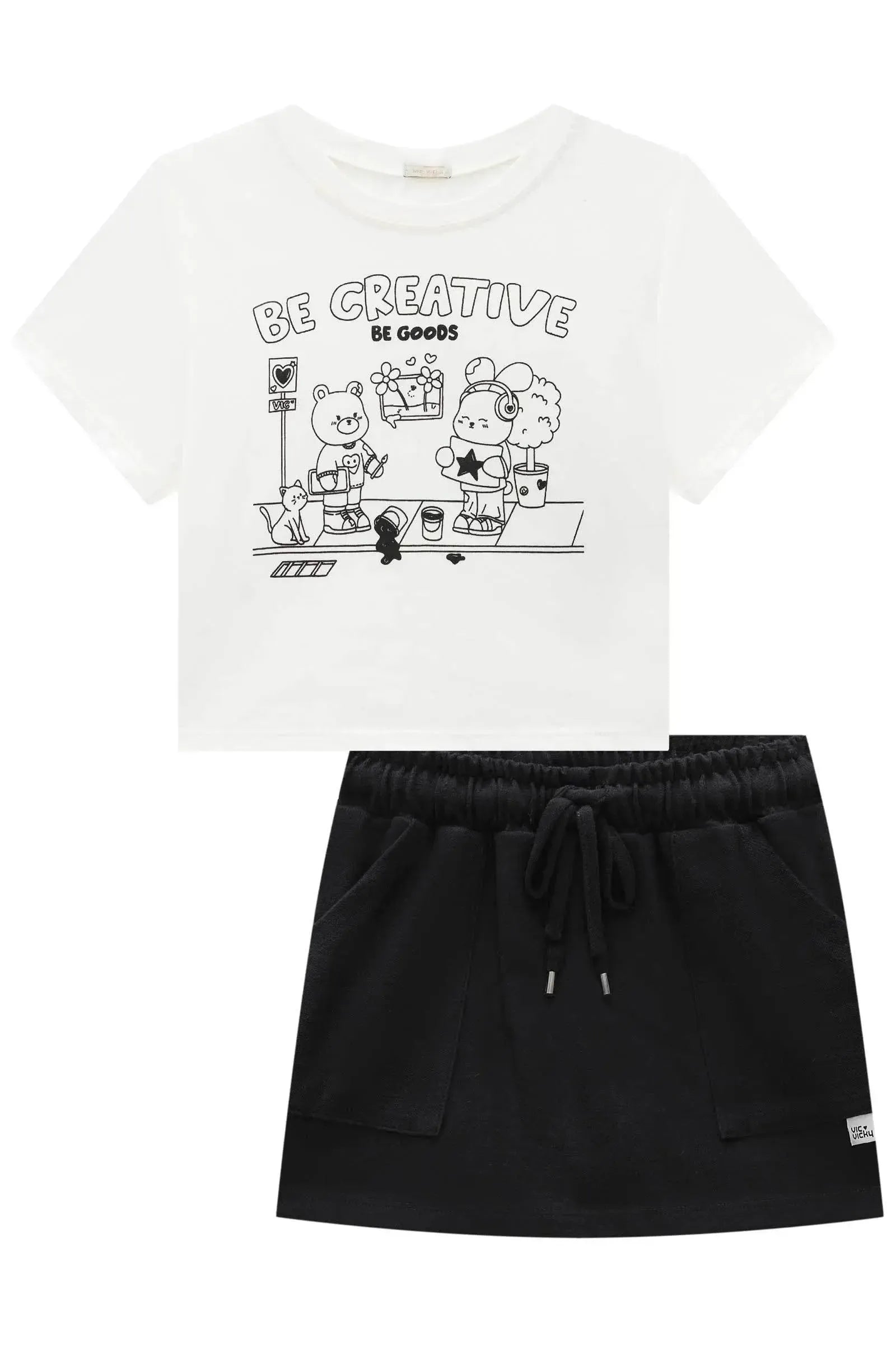 Conjunto de Blusa Boxy Over em Meia Malha e Short Saia em Moletwill 93490 Vic&Vicky Teen Menina