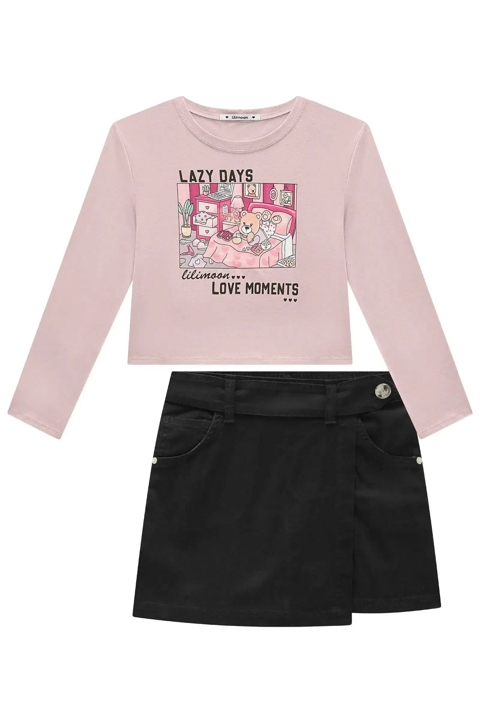 Conjunto de Blusa Boxy Over em Meia Malha e Short Saia em Sarja com Elastano 92163 Lilimoon Teen Menina
