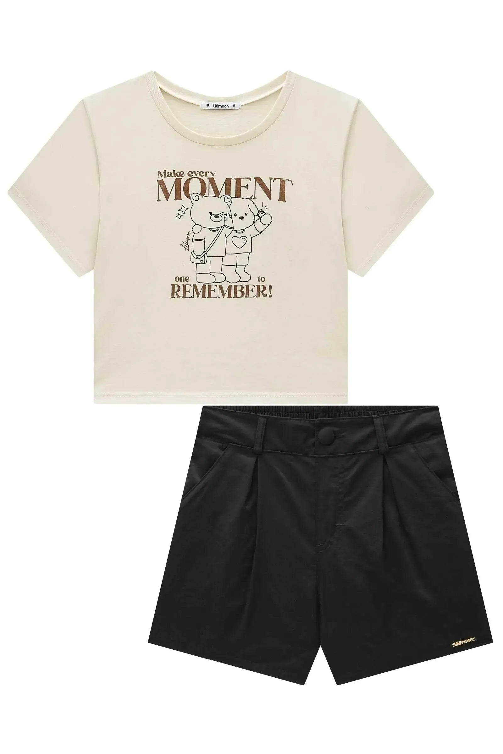 Conjunto de Blusa Boxy Over em Meia Malha e Shorts em Alfaiataria Amore 92714 Lilimoon Teen Menina