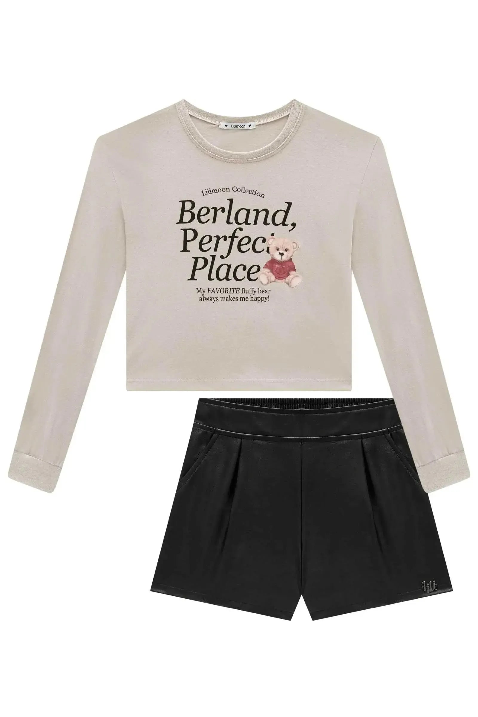 Conjunto de Blusa Boxy Over em Meia Malha e Shorts em Couro Sintético 90758 Lilimoon Teen Menina