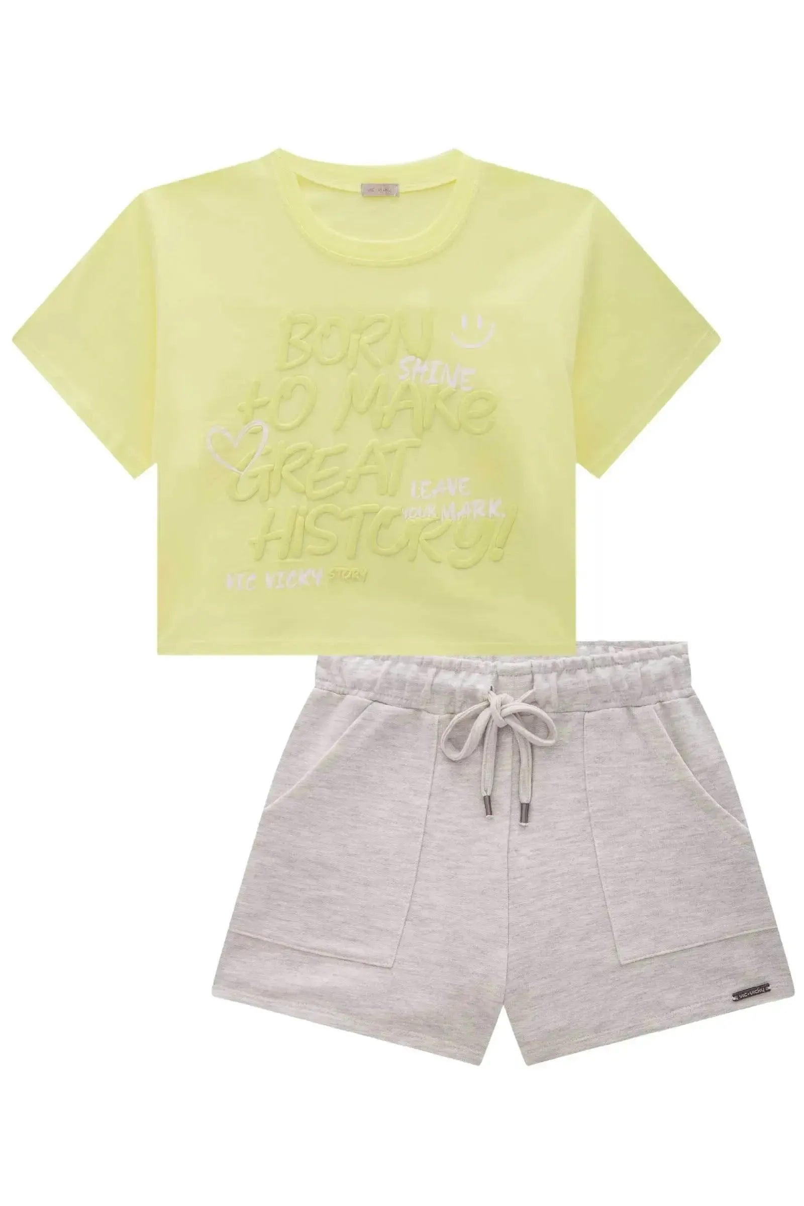 Conjunto de Blusa Boxy Over em Meia Malha e Shorts em Moletom 84915 Vic&Vicky Teen Menina