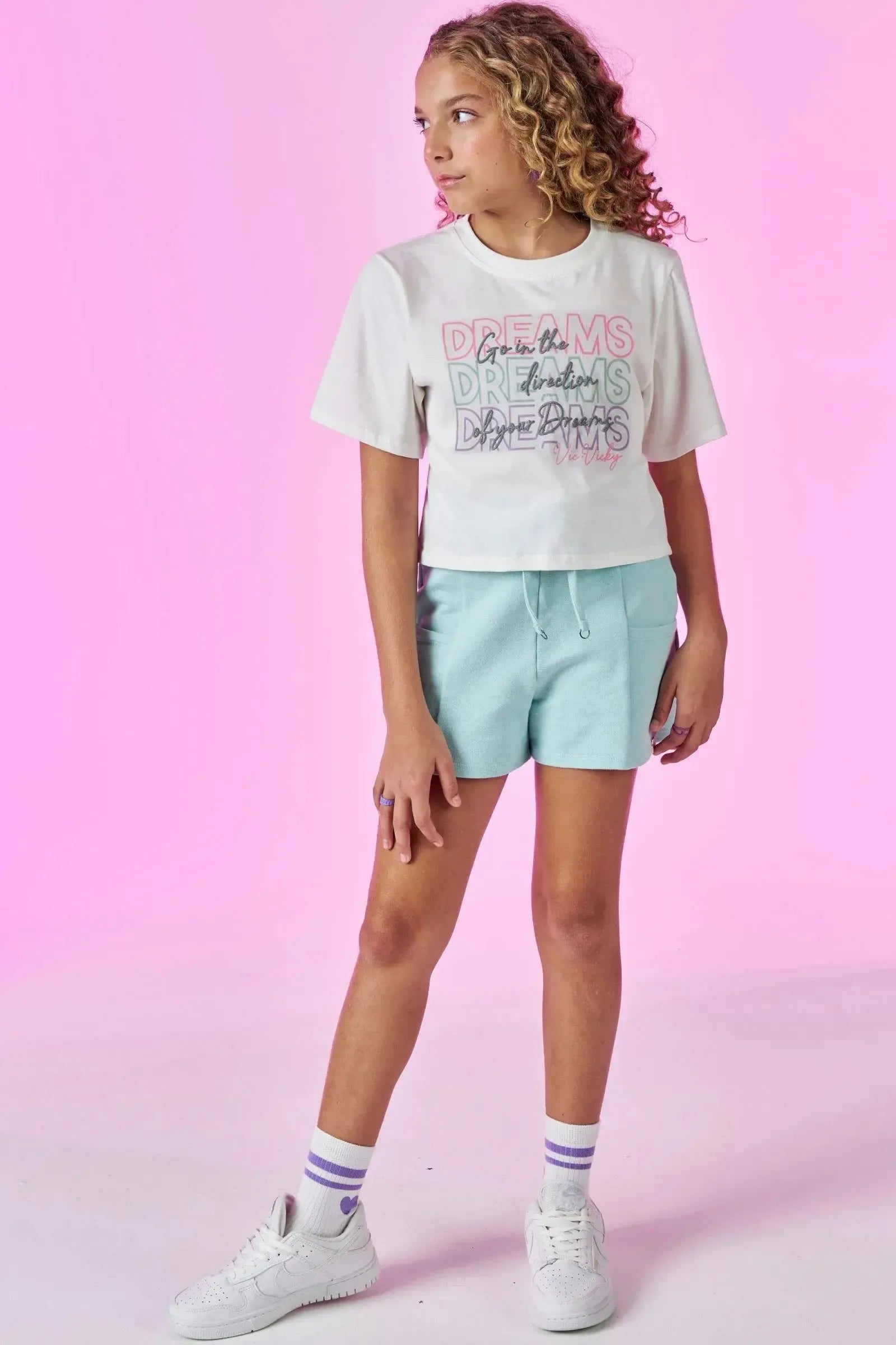 Conjunto de Blusa Boxy Over em Meia Malha e Shorts em Moletom sem Pelúcia 86748 Vic&Vicky Teen Menina