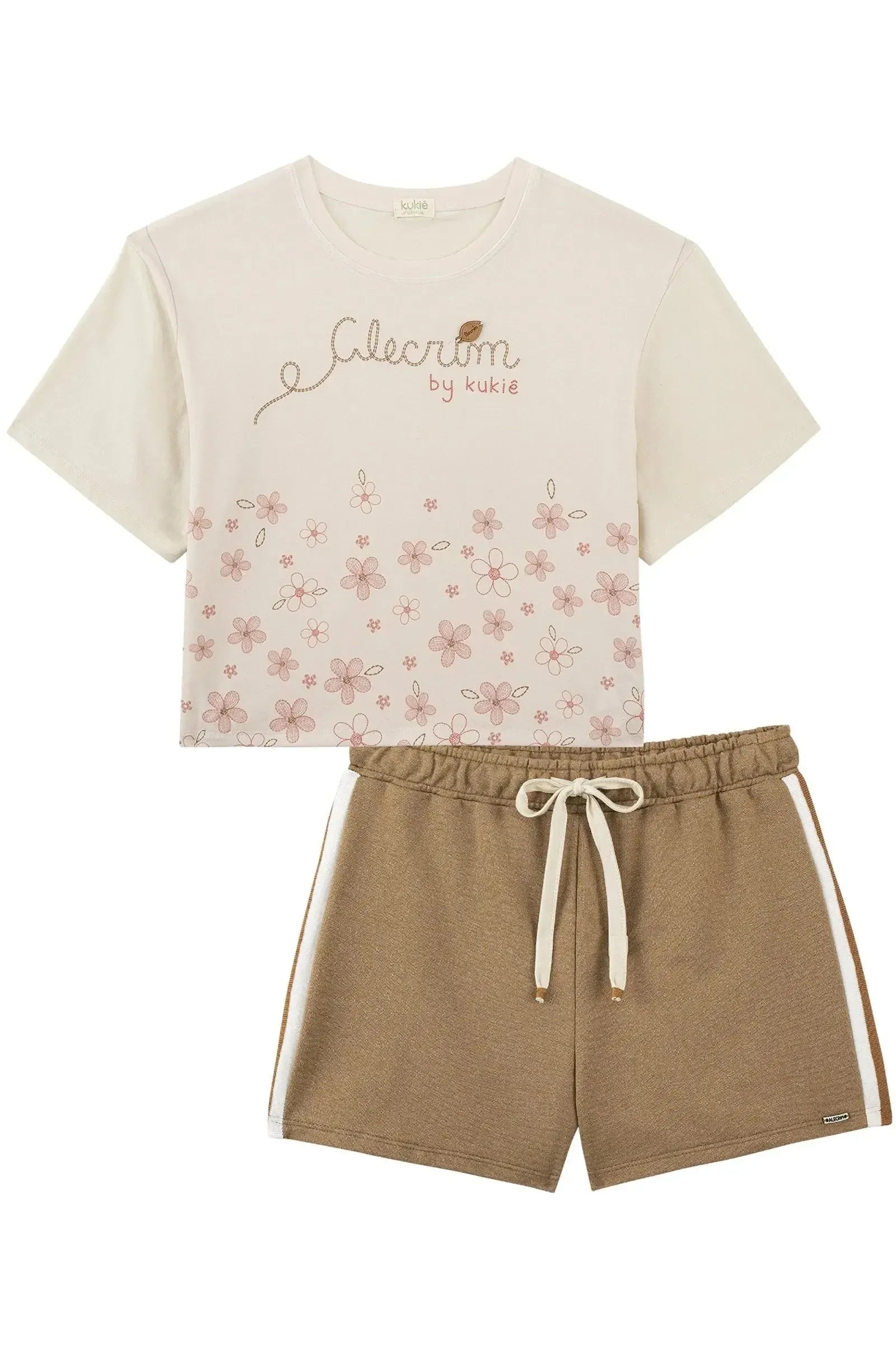 Conjunto de Blusa Boxy Over em Meia Malha e Shorts em Moletom sem Pelúcia 93837 Kukiê Infantil Menina