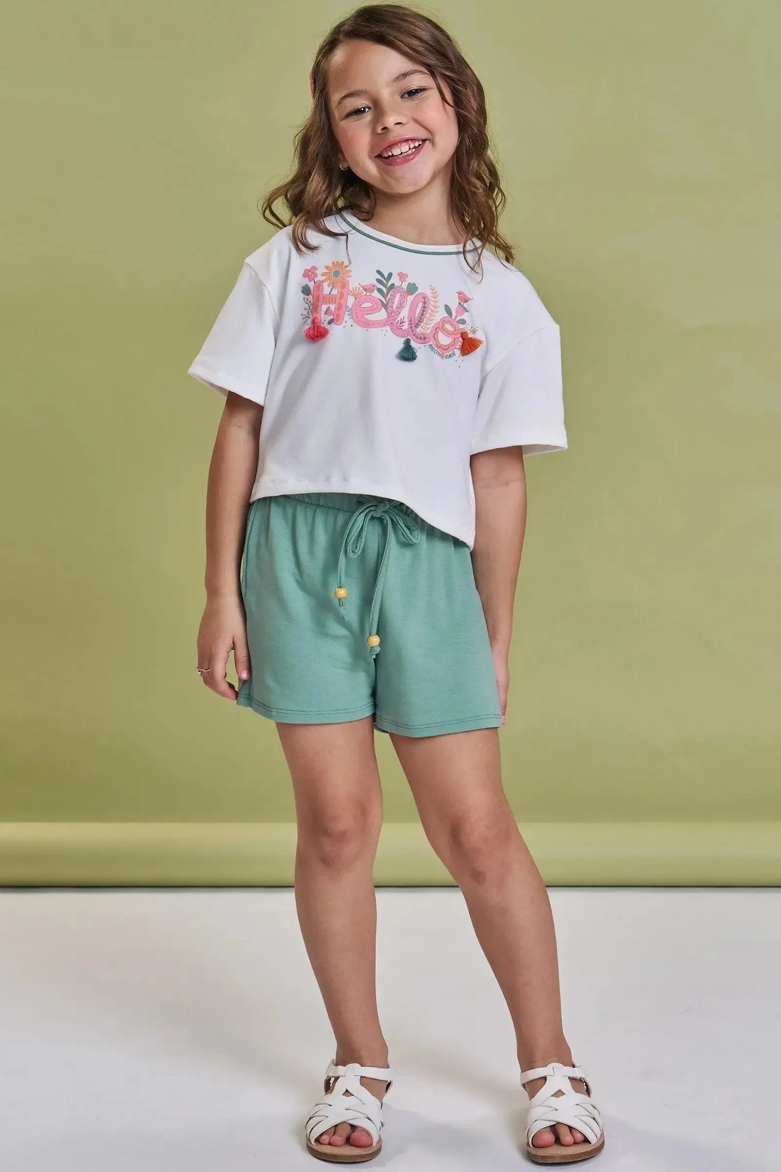 Conjunto de Blusa Boxy Over em Meia Malha e Shorts em Molevisco 93264 Kukiê Infantil Menina