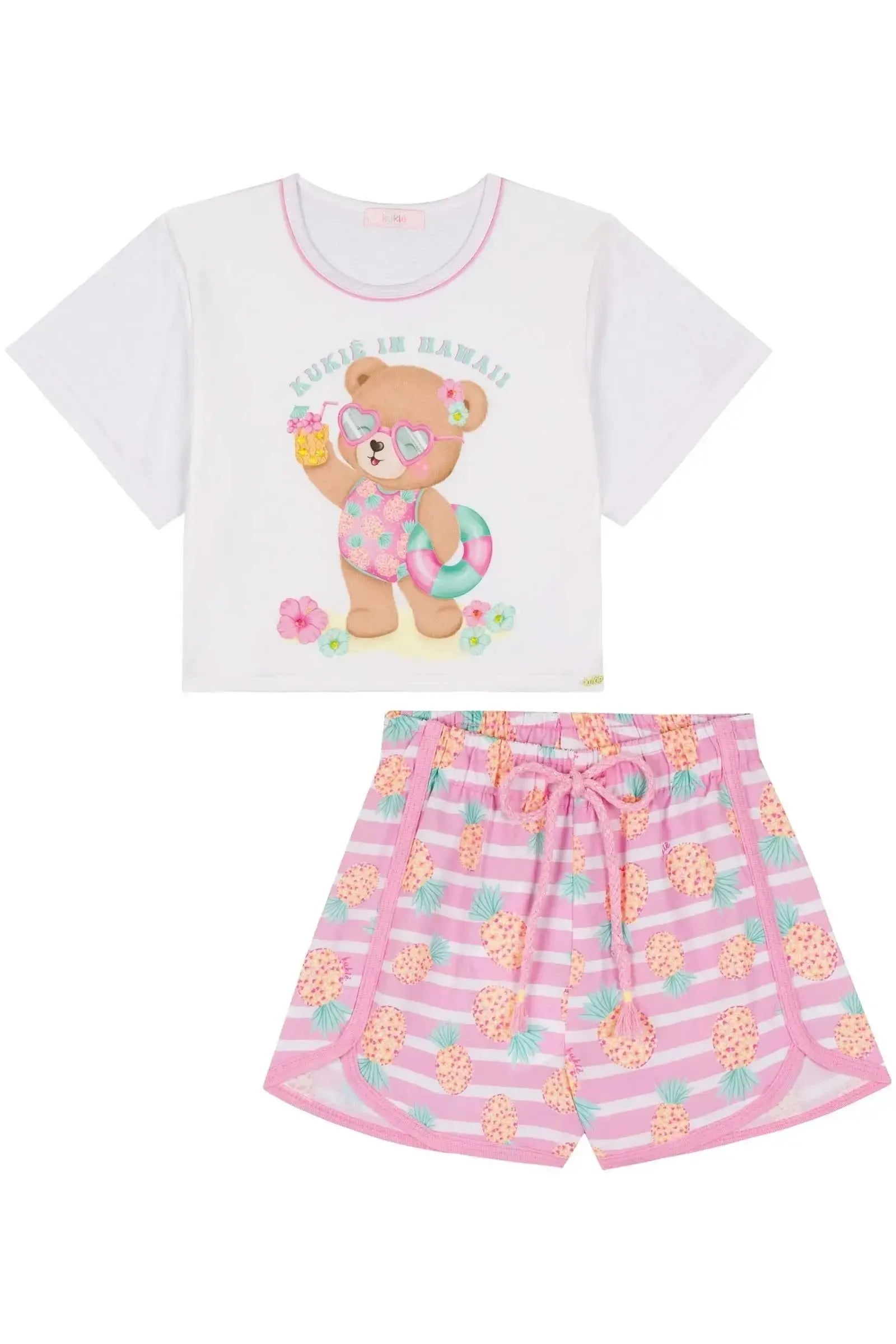 Conjunto de Blusa Boxy Over em Meia Malha e Shorts em Nylon 83956 Kukiê Infantil Menina