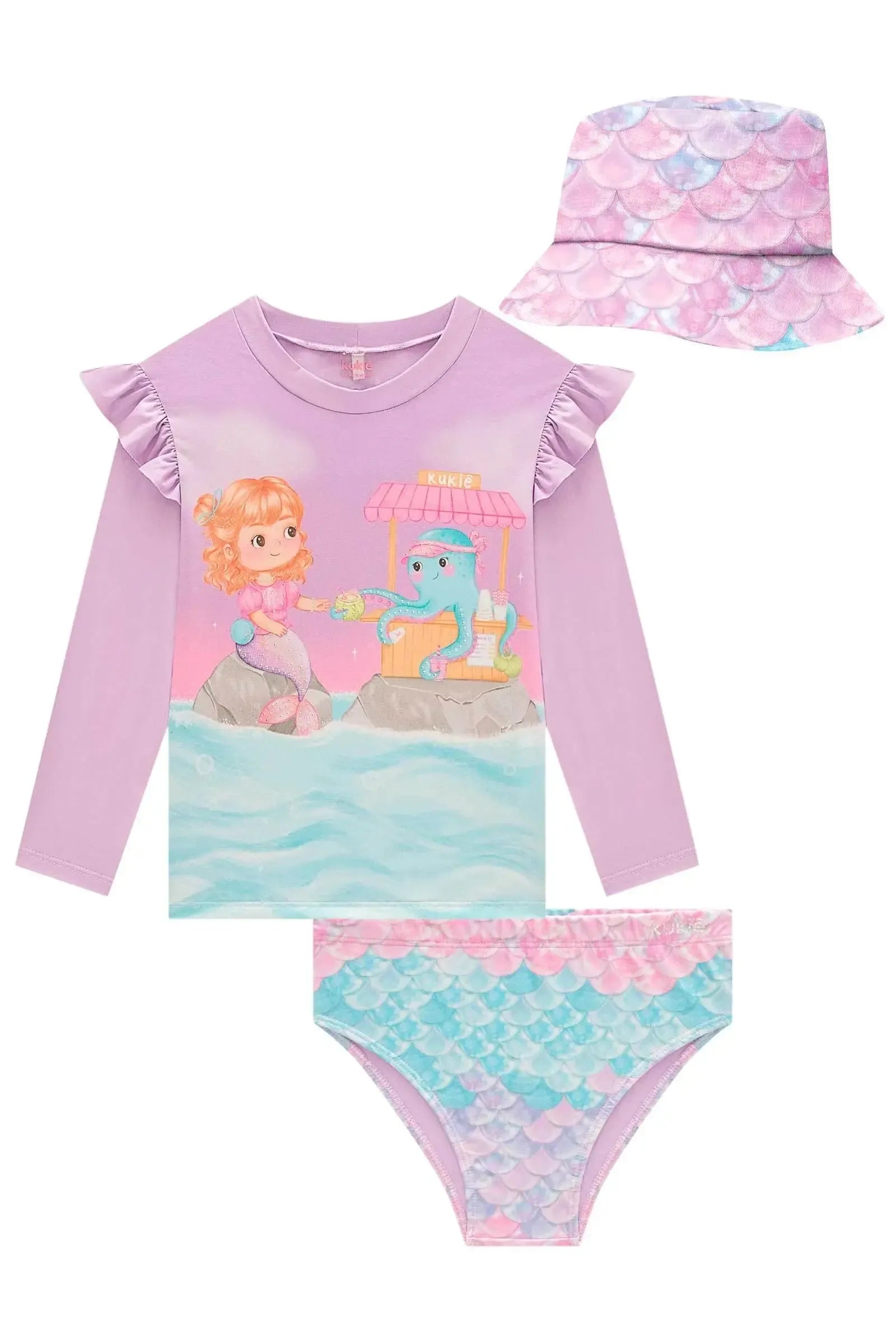 Conjunto de Blusa Calcinha e Bucket em Malha com Proteção UV50+ 99347 Kukiê Infantil Menina