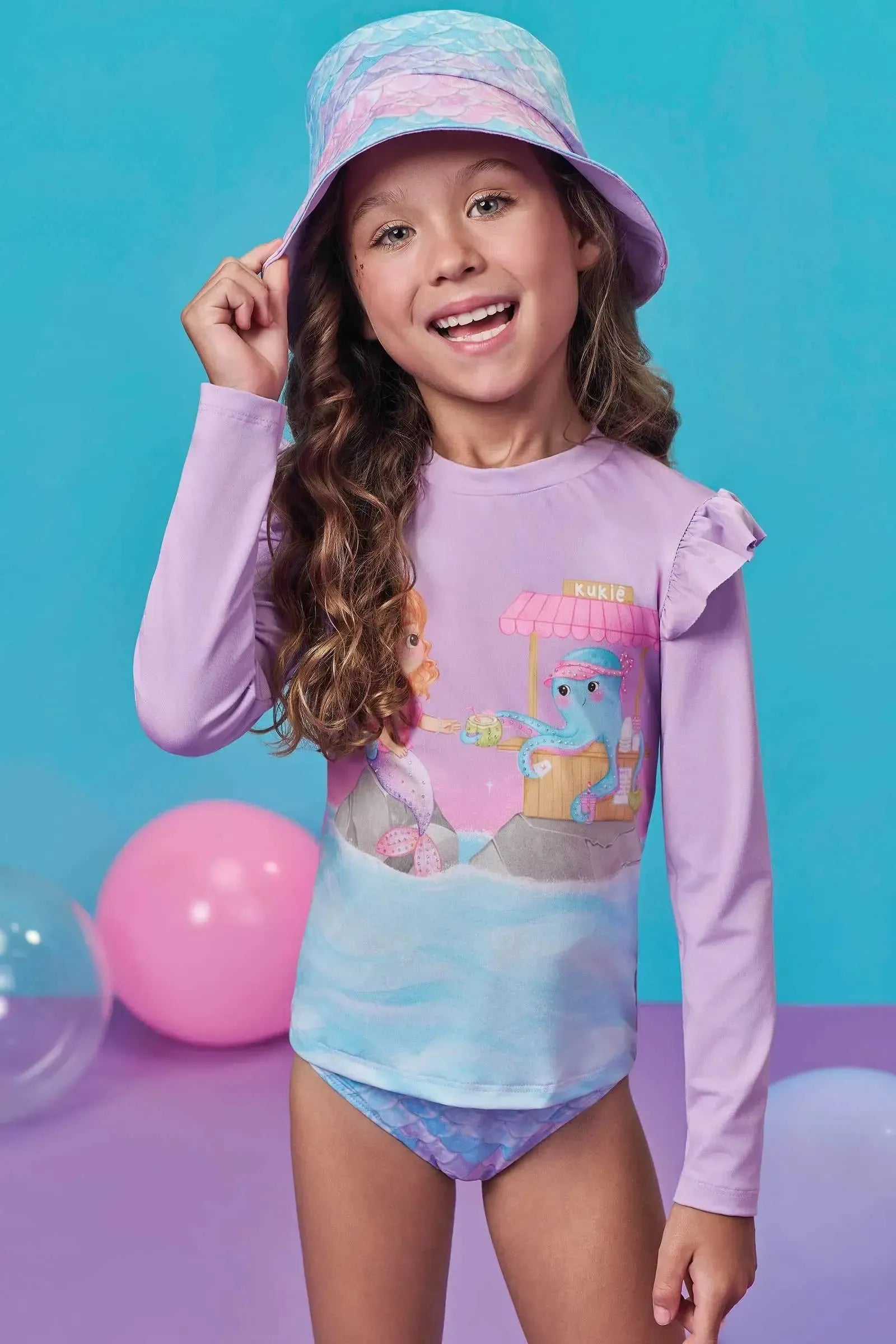 Conjunto de Blusa Calcinha e Bucket em Malha com Proteção UV50+ 99347 Kukiê Infantil Menina