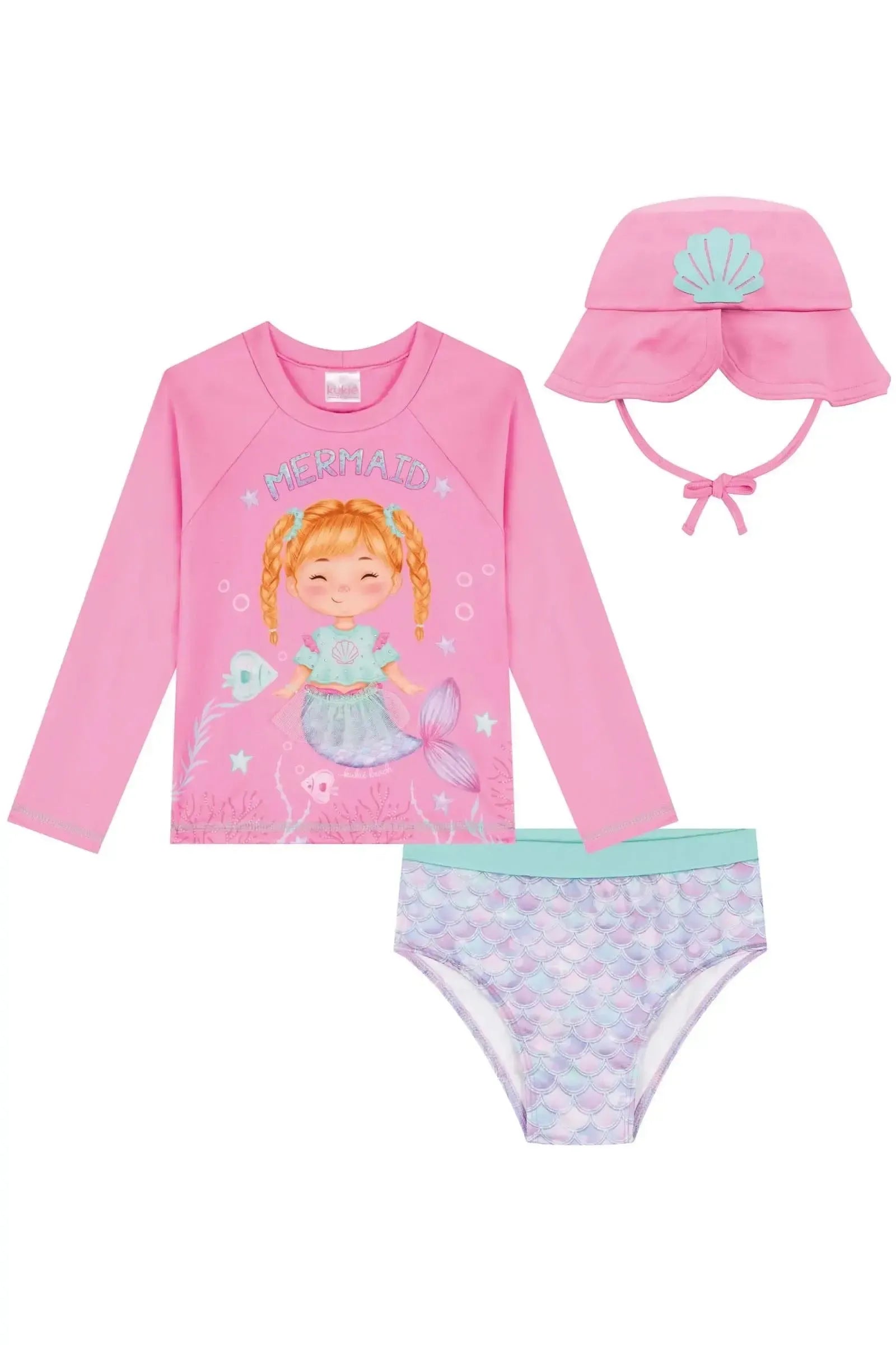 Conjunto de Blusa Calcinha e Chapéu em Malha com Proteção UV50+ 84543 Kukiê Bebê Menina