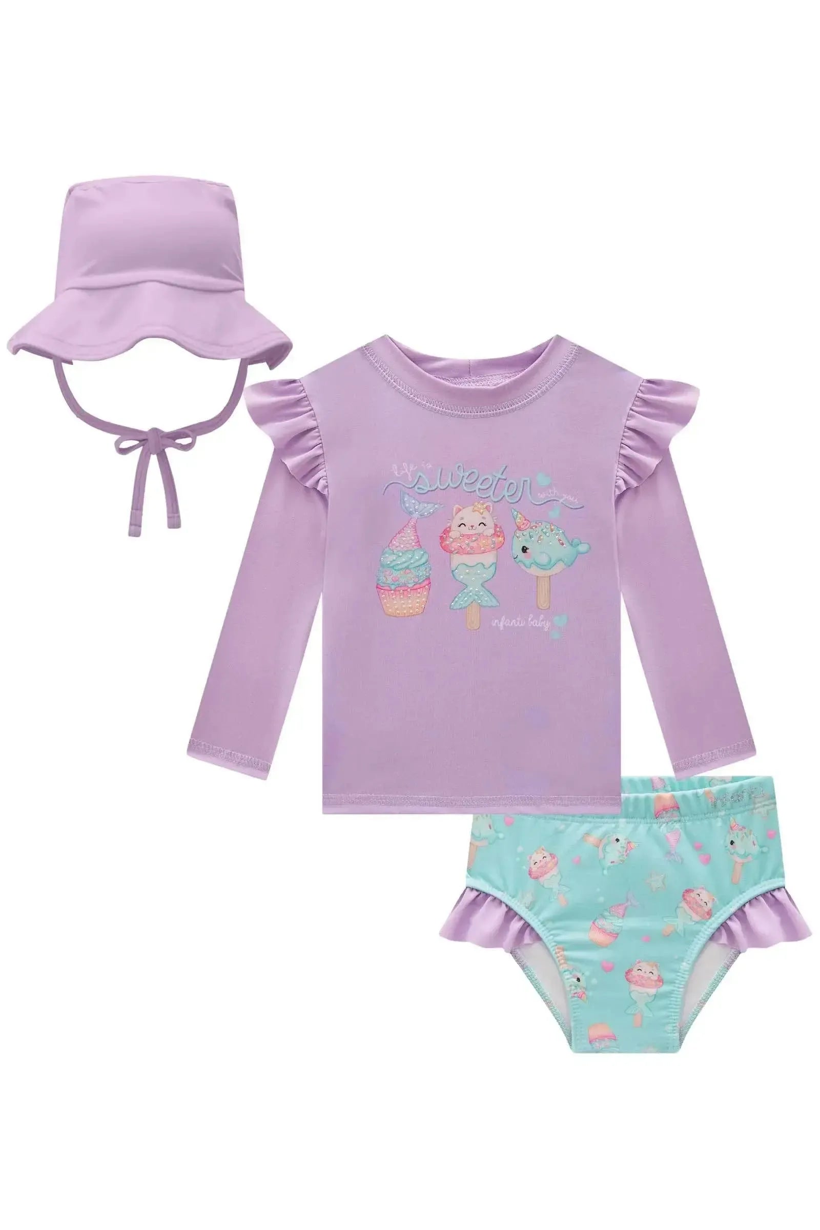 Conjunto de Blusa Calcinha e Chapéu em Malha UV Dry com Proteção UV 50+ 84850 Infanti Bebê Menina