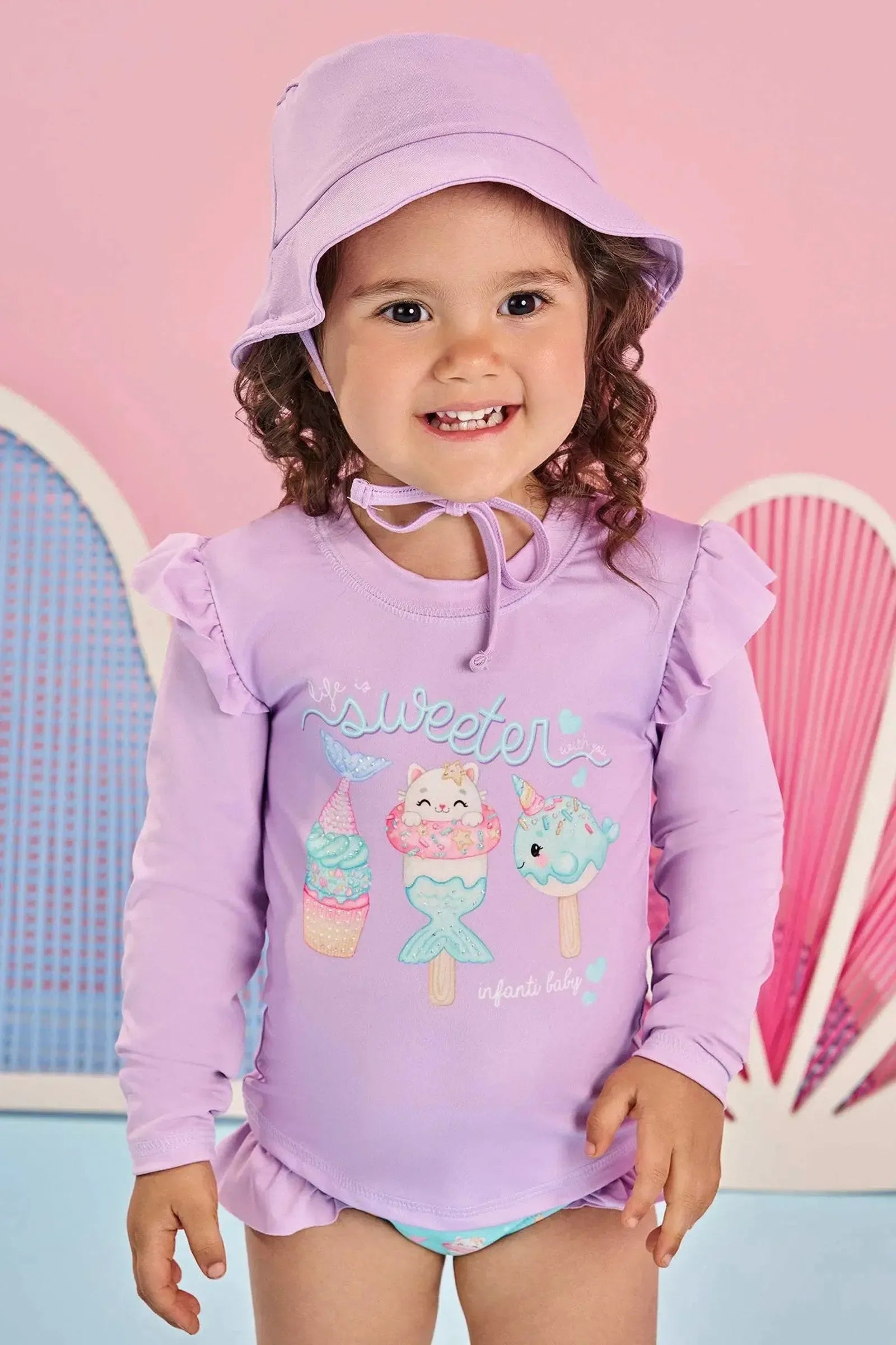 Conjunto de Blusa Calcinha e Chapéu em Malha UV Dry com Proteção UV 50+ 84850 Infanti Bebê Menina