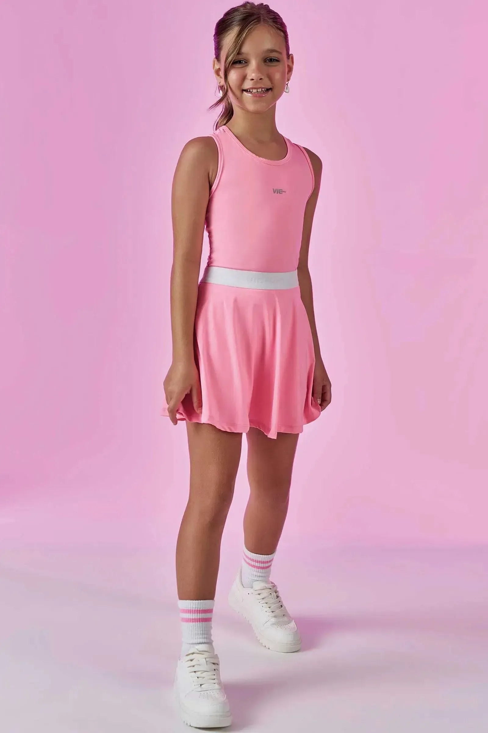 Conjunto de Blusa Cropped e Saia com Shorts Embutido em Malha UV 50+ 87098 Vic&Vicky Teen Menina