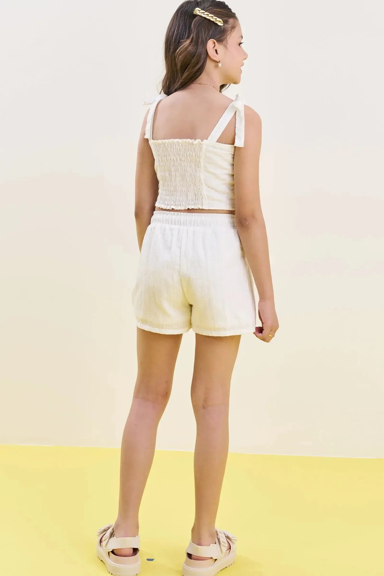 Conjunto de Blusa Cropped e Shorts em Tricoline Maquinetada 83895 Vic&Vicky Teen Menina
