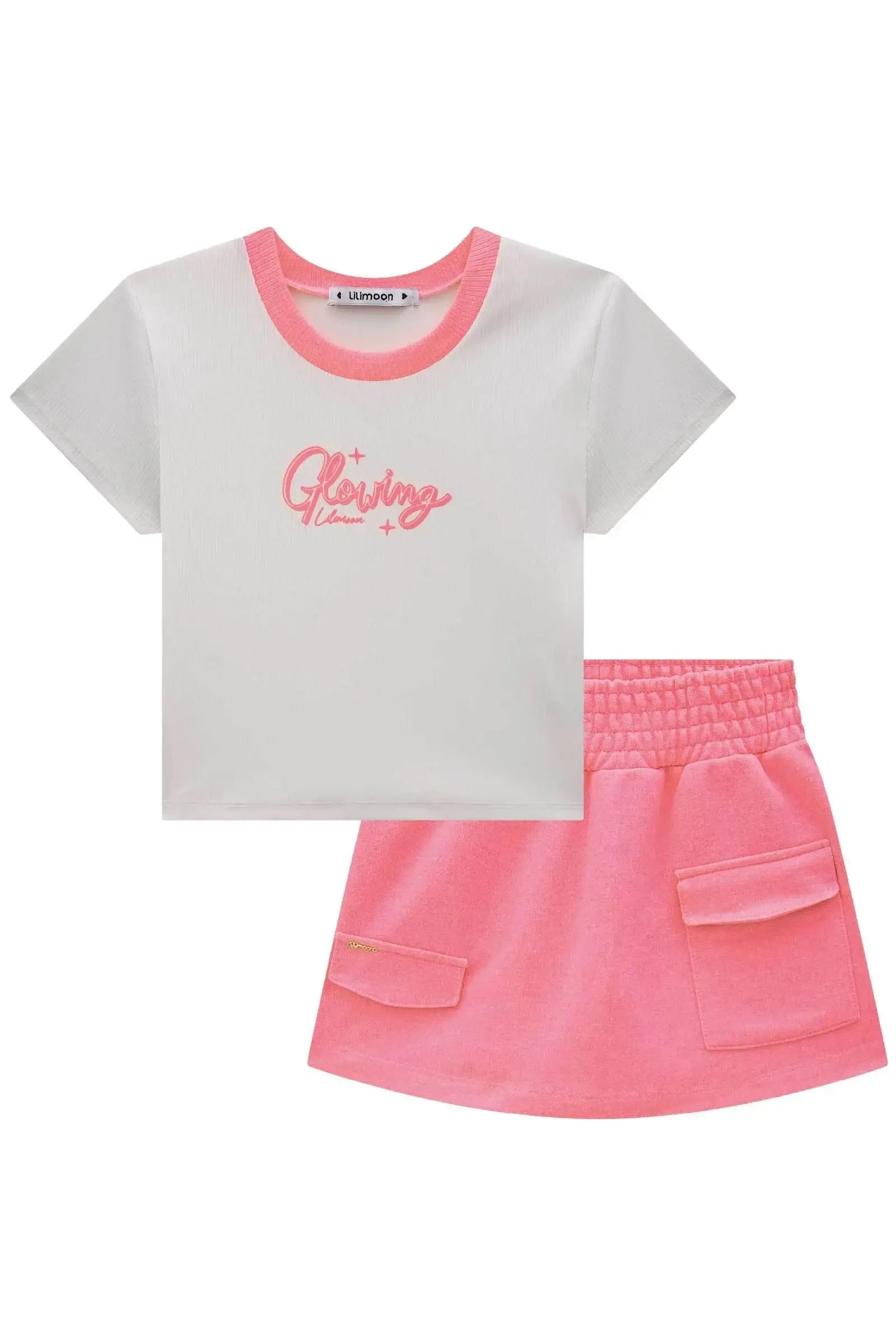 Conjunto de Blusa Cropped em Canelado Fancy e Short Saia em Moletom sem Pelúcia 84317 Lilimoon Teen Menina