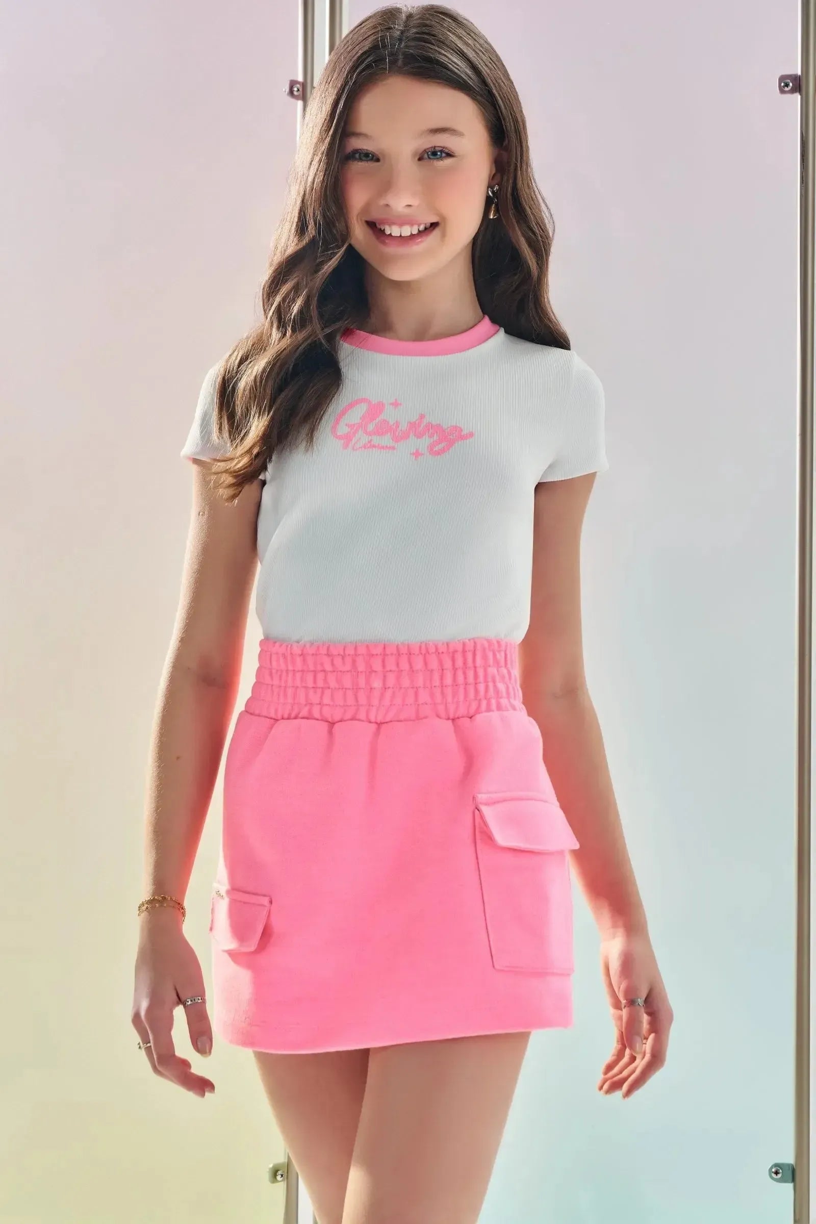 Conjunto de Blusa Cropped em Canelado Fancy e Short Saia em Moletom sem Pelúcia 84317 Lilimoon Teen Menina
