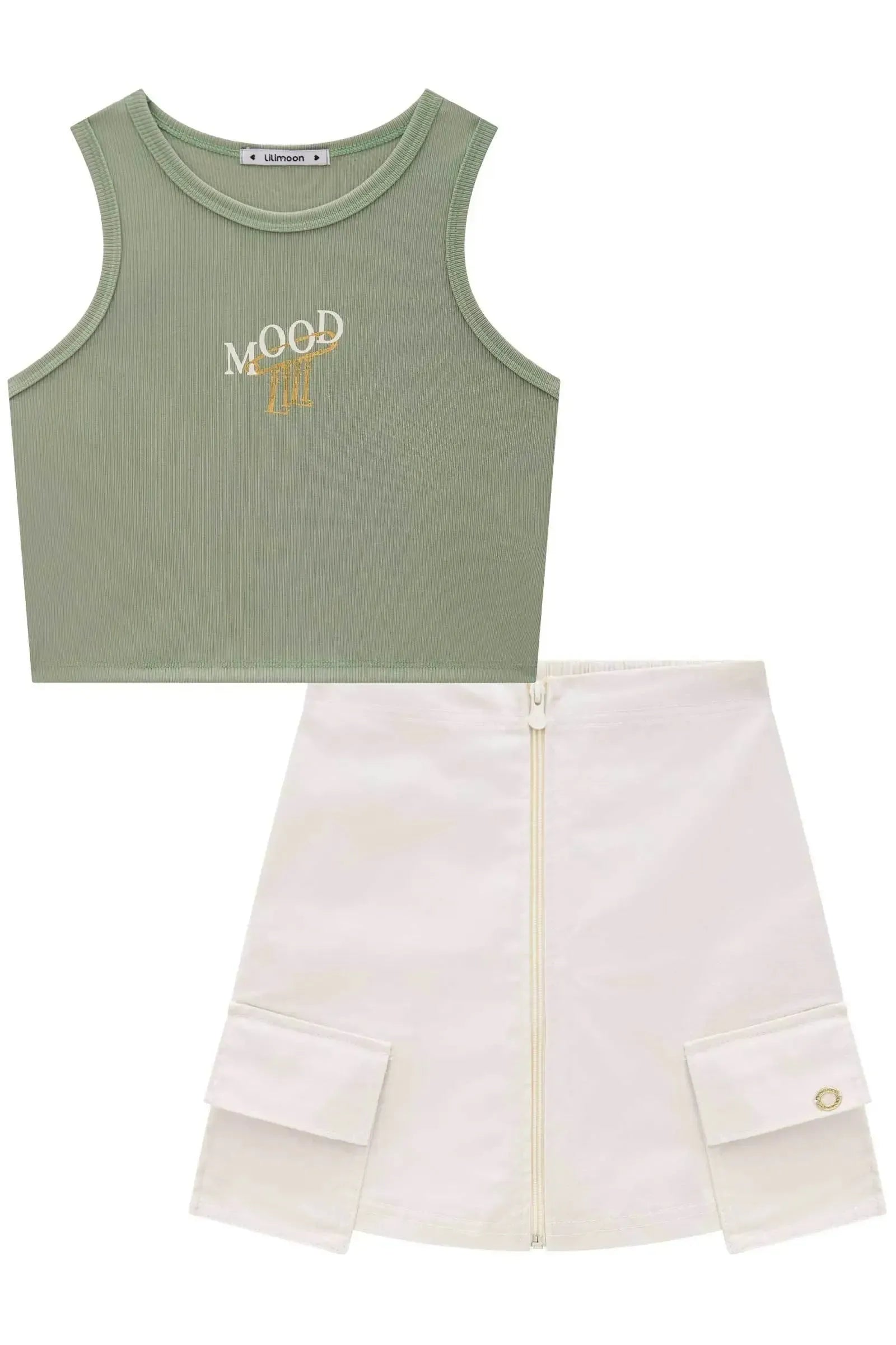 Conjunto de Blusa Cropped em Canelado Fancy e Short Saia em Sarja com Elastano 84453 Lilimoon Teen Menina
