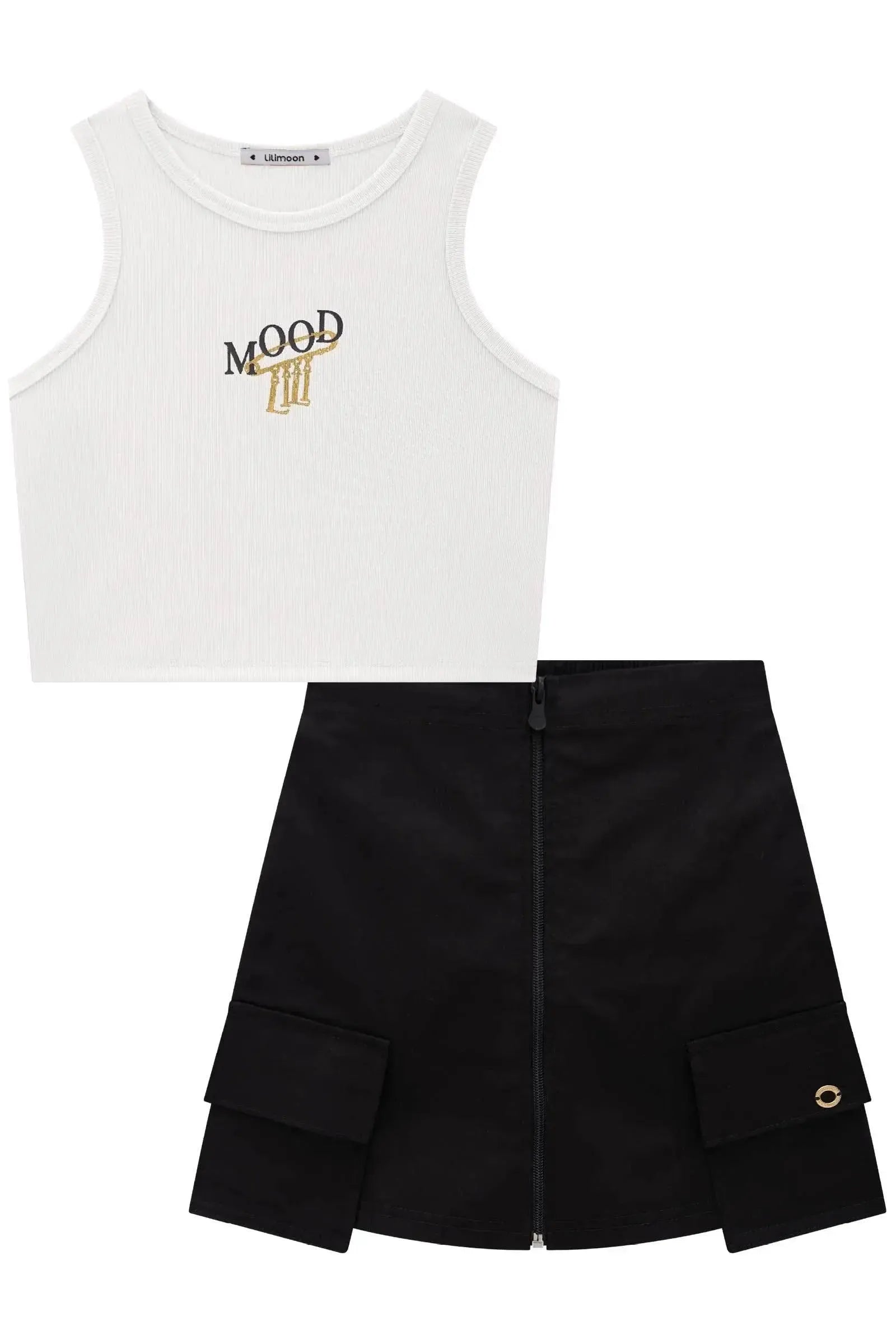 Conjunto de Blusa Cropped em Canelado Fancy e Short Saia em Sarja com Elastano 84453 Lilimoon Teen Menina