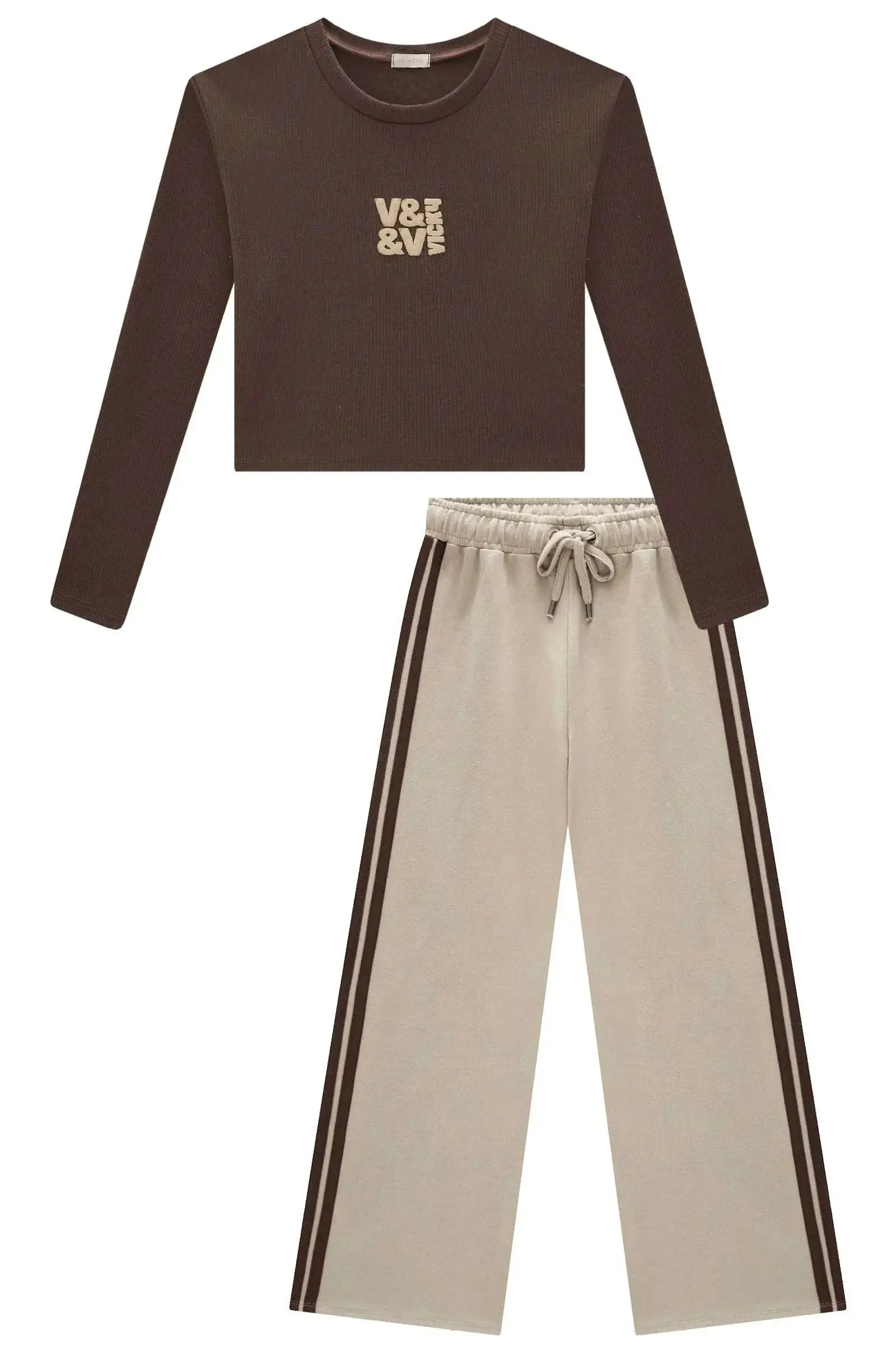 Conjunto de Blusa Cropped em Canelado Liz e Calça Wide em Moletom sem Pelúcia 89714 Vic&Vicky Teen Menina