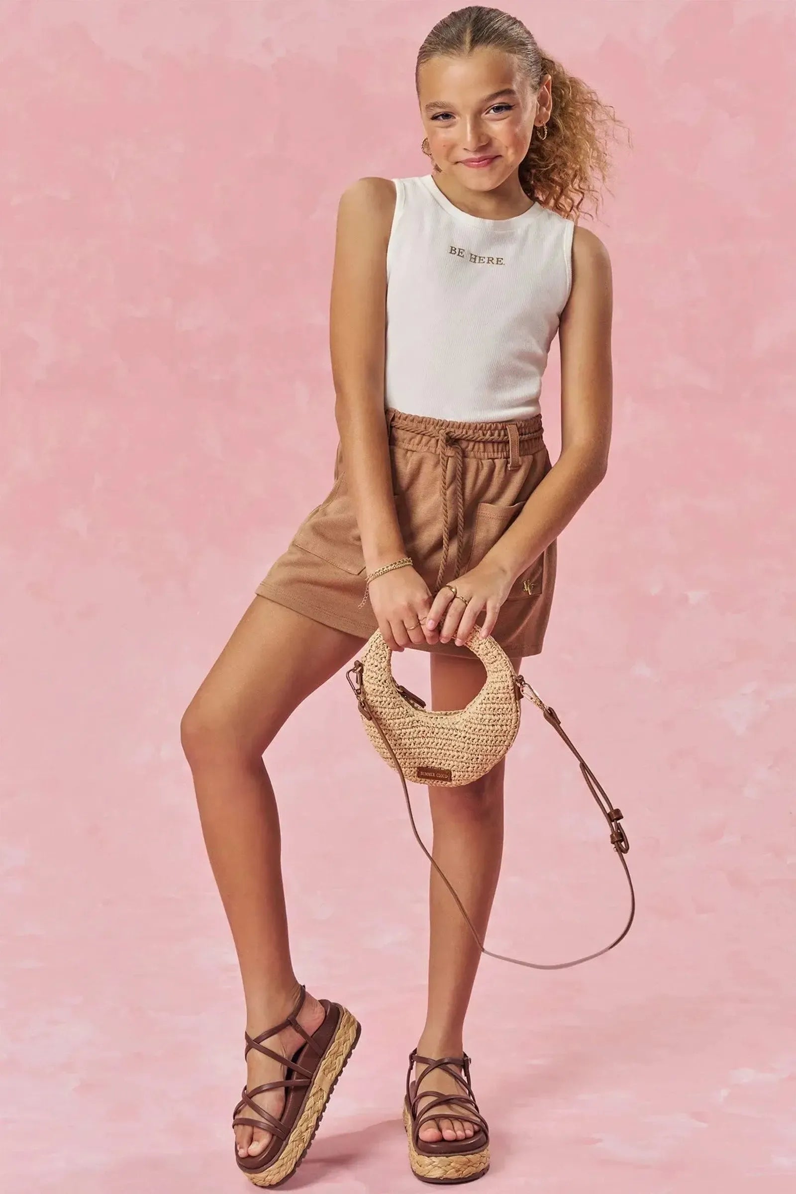 Conjunto de Blusa Cropped em Canelado Liz e Short Saia em Malha Stretch de Viscose 83902 Vic&Vicky Teen Menina