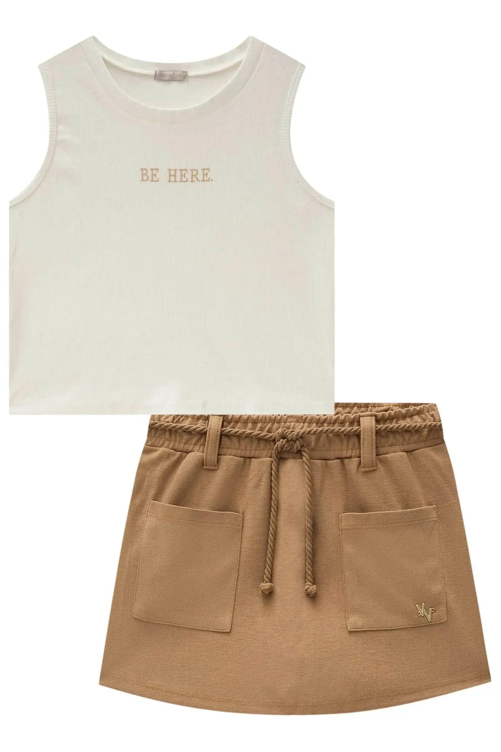 Conjunto de Blusa Cropped em Canelado Liz e Short Saia em Malha Stretch de Viscose 83902 Vic&Vicky Teen Menina
