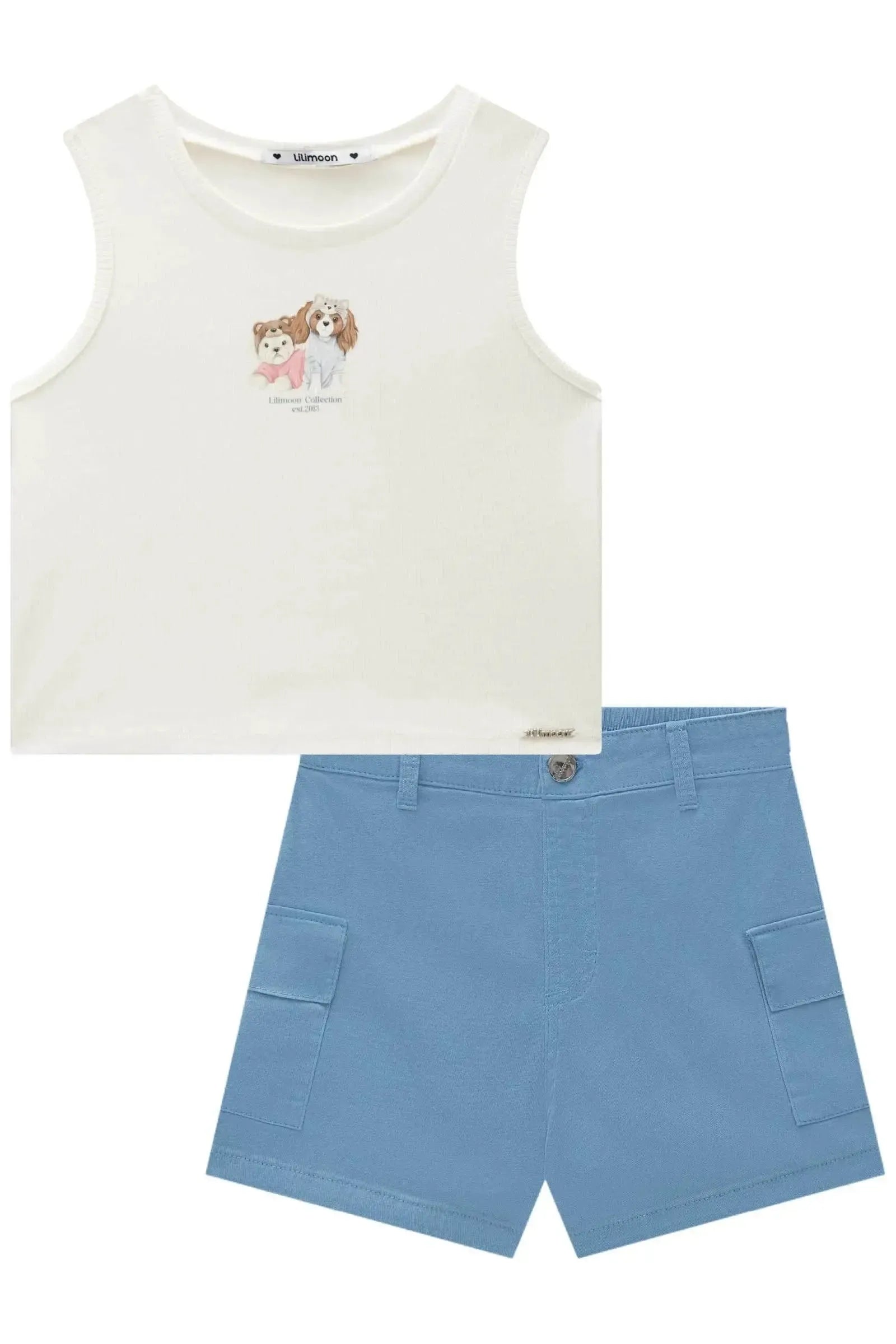 Conjunto de Blusa Cropped em Canelado Liz e Shorts em Sarja com Elastano 92584 Lilimoon Teen Menina