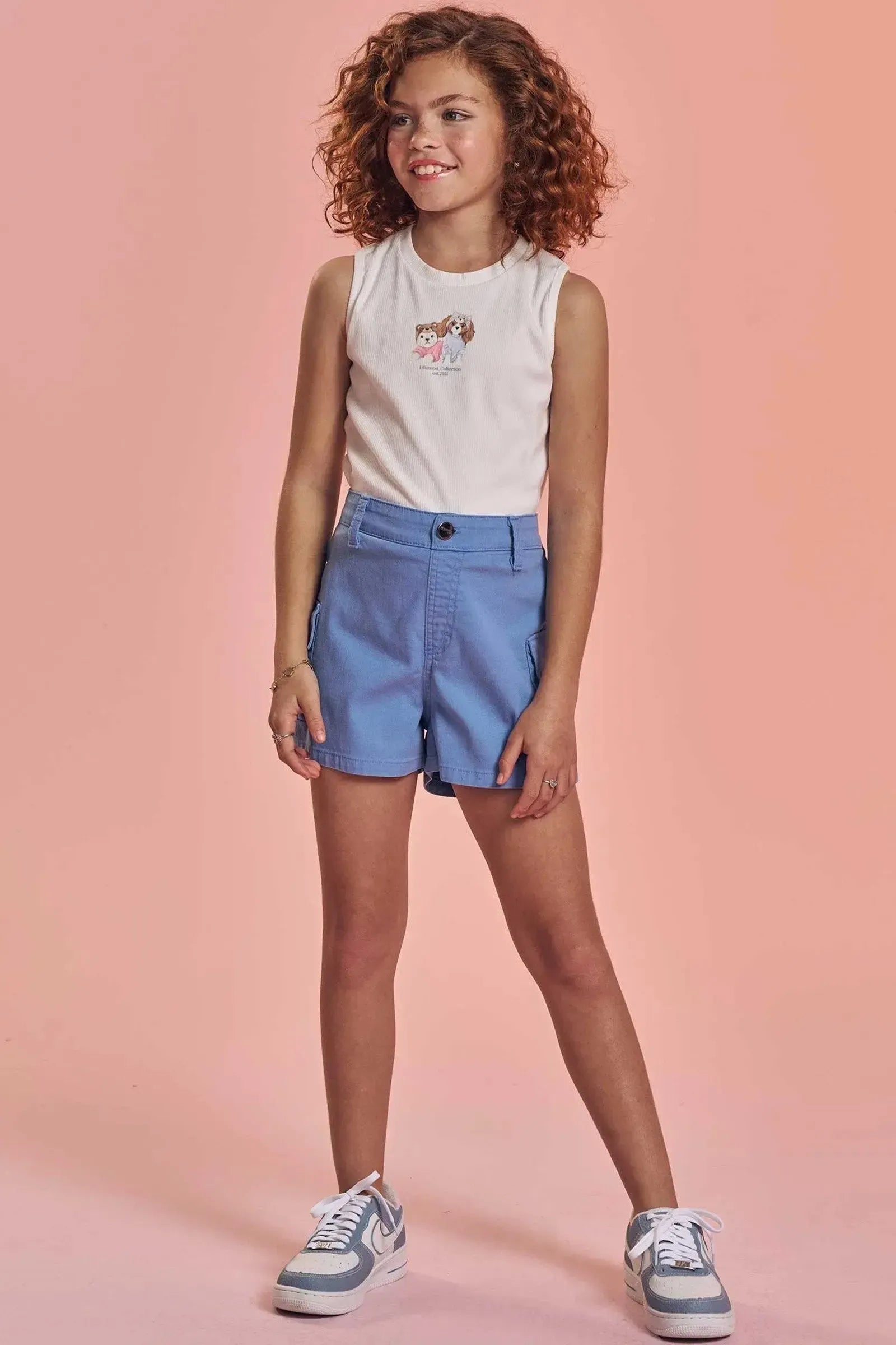 Conjunto de Blusa Cropped em Canelado Liz e Shorts em Sarja com Elastano 92584 Lilimoon Teen Menina