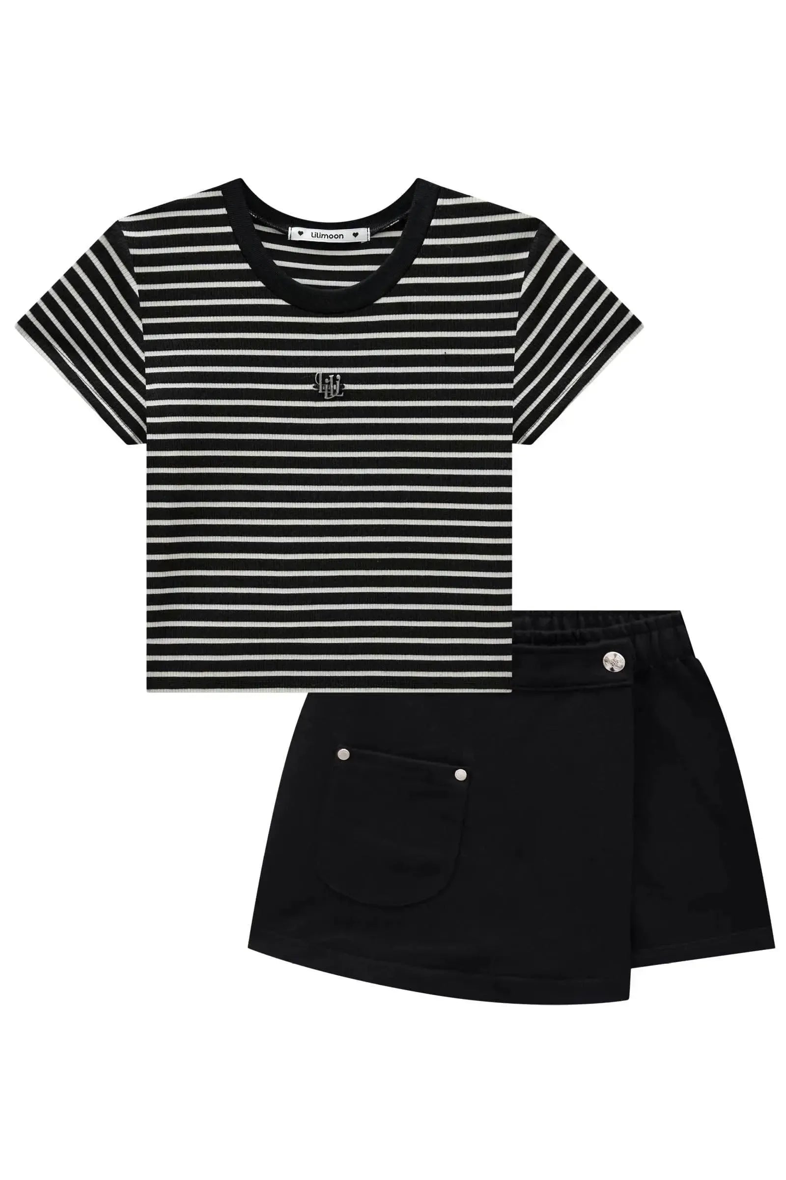 Conjunto de Blusa Cropped em Canelado Stripes e Short Saia em Moletom sem Pelúcia 84447 Lilimoon Teen Menina