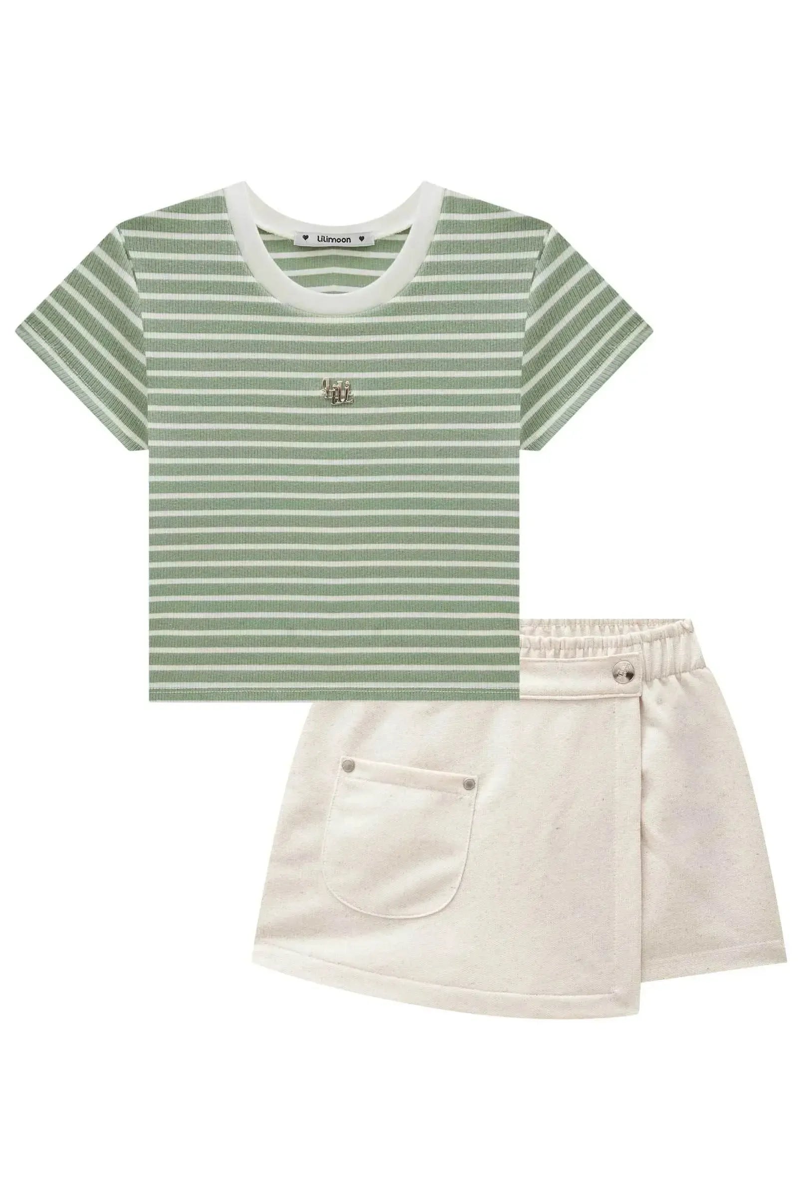 Conjunto de Blusa Cropped em Canelado Stripes e Short Saia em Moletom sem Pelúcia 84447 Lilimoon Teen Menina