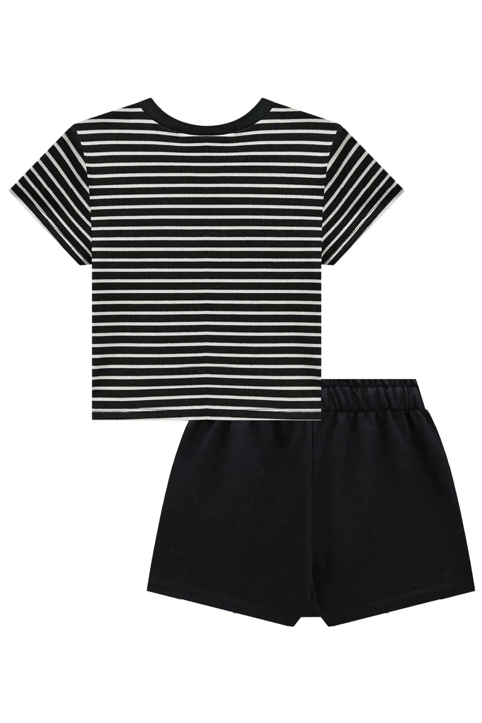 Conjunto de Blusa Cropped em Canelado Stripes e Short Saia em Moletom sem Pelúcia 84447 Lilimoon Teen Menina