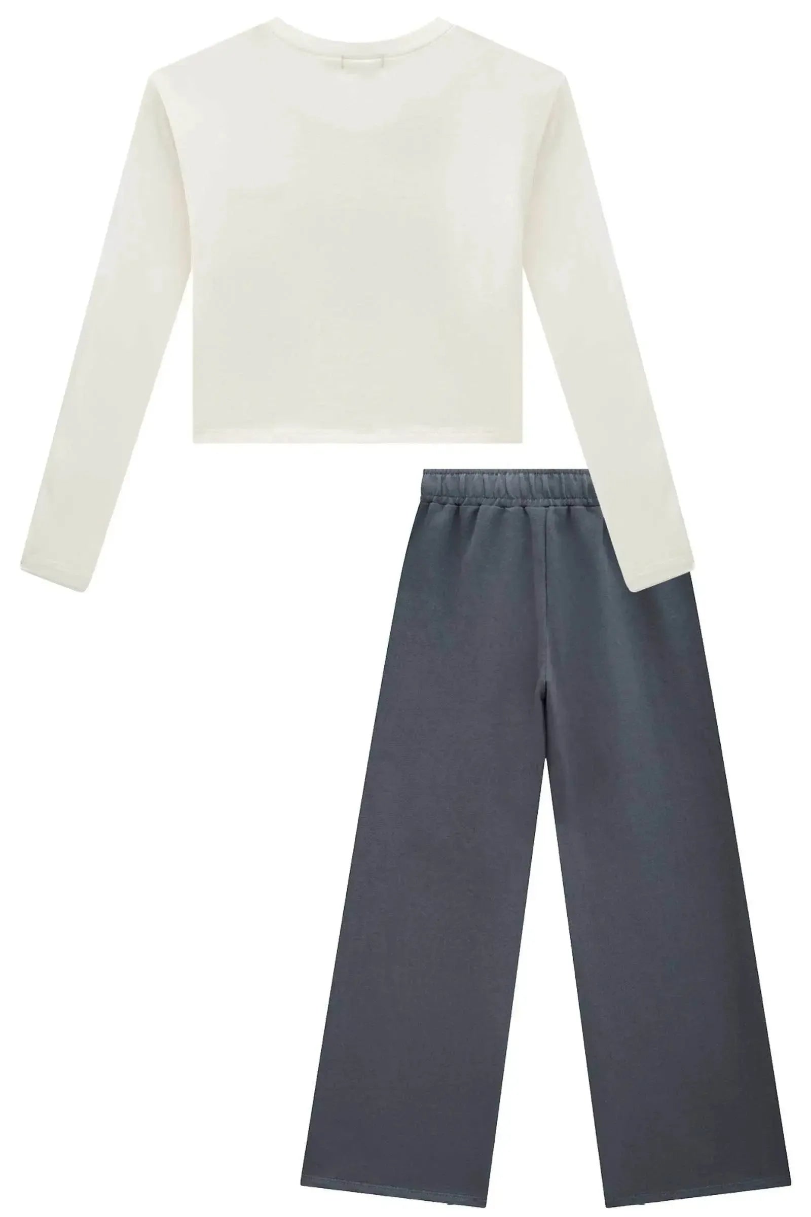 Conjunto de Blusa Cropped em Cotton e Calça Wide em Moletom sem Pelúcia 89717 Vic&Vicky Teen Menina