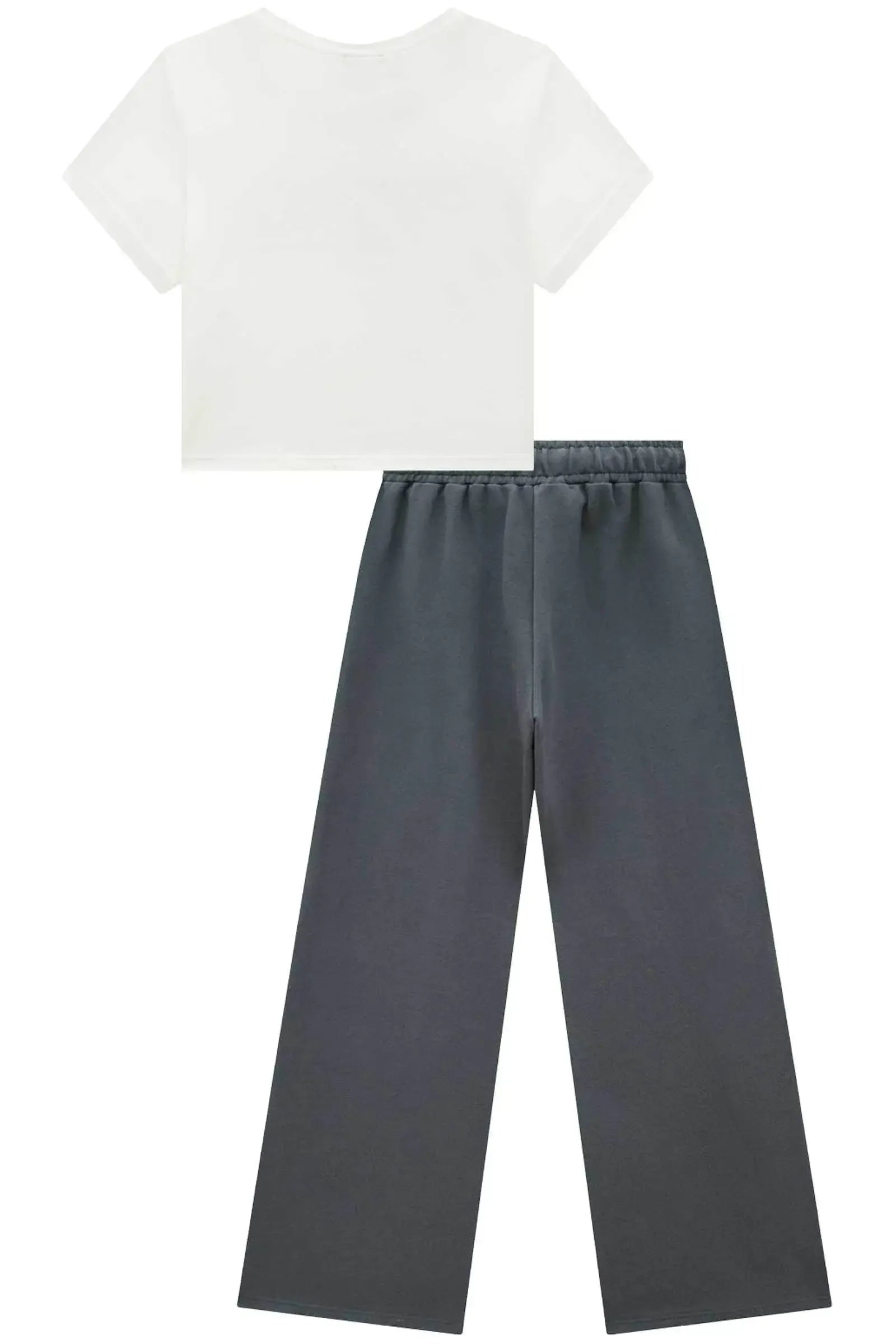 Conjunto de Blusa Cropped em Cotton e Calça Wide Leg em Moletom sem Pelúcia 93472 Vic&Vicky Teen Menina