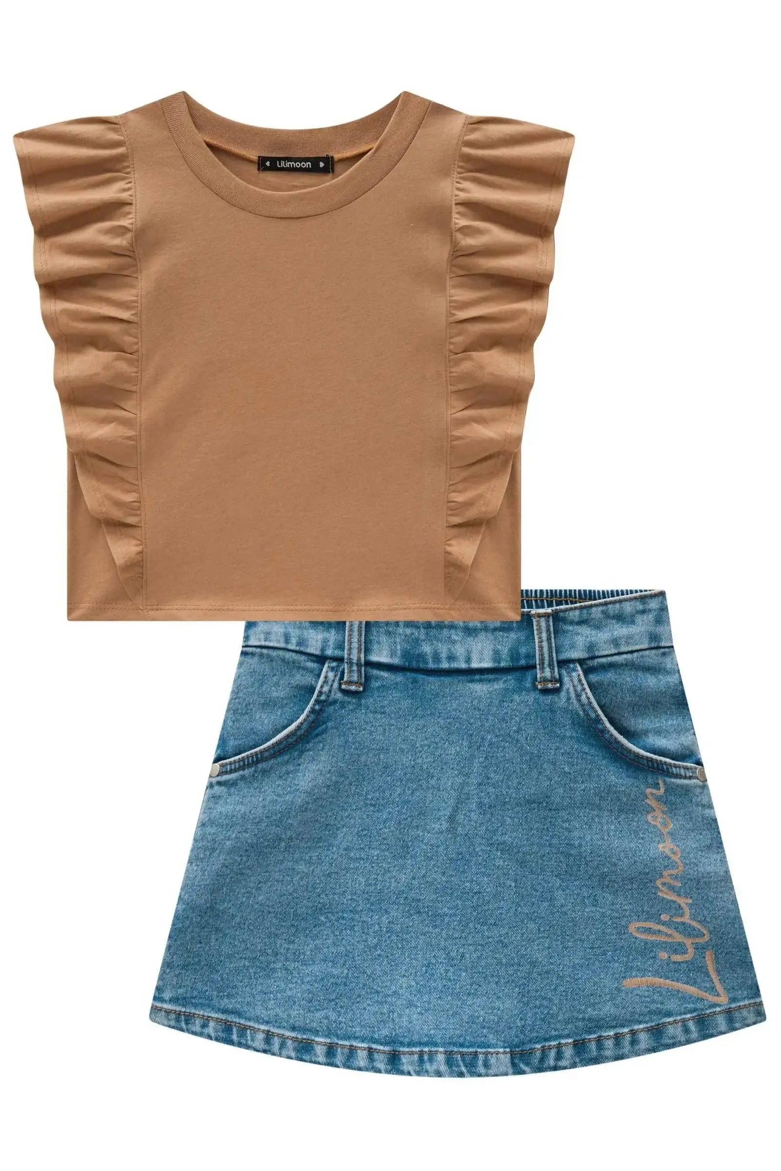Conjunto de Blusa Cropped em Cotton e Short Saia em Jeans com Elastano 84458 Lilimoon Teen Menina